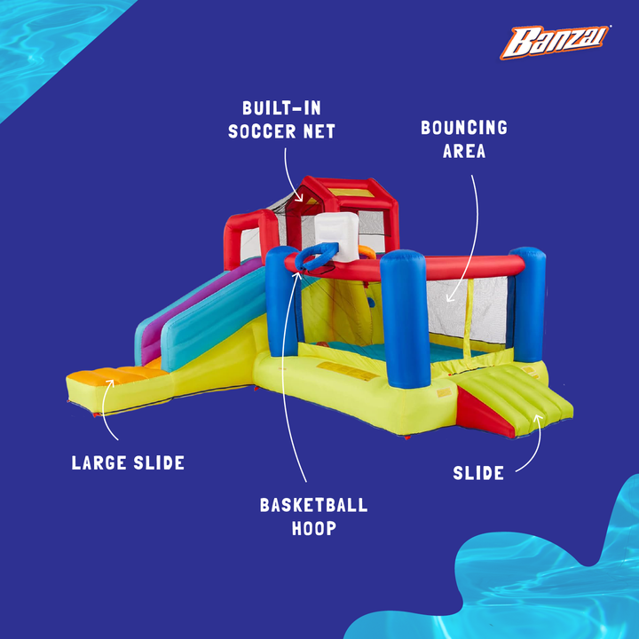 Banzai Outdoor Bounce House with Slide, Climbing Wall and 2 Sports Activities - VMInnovations