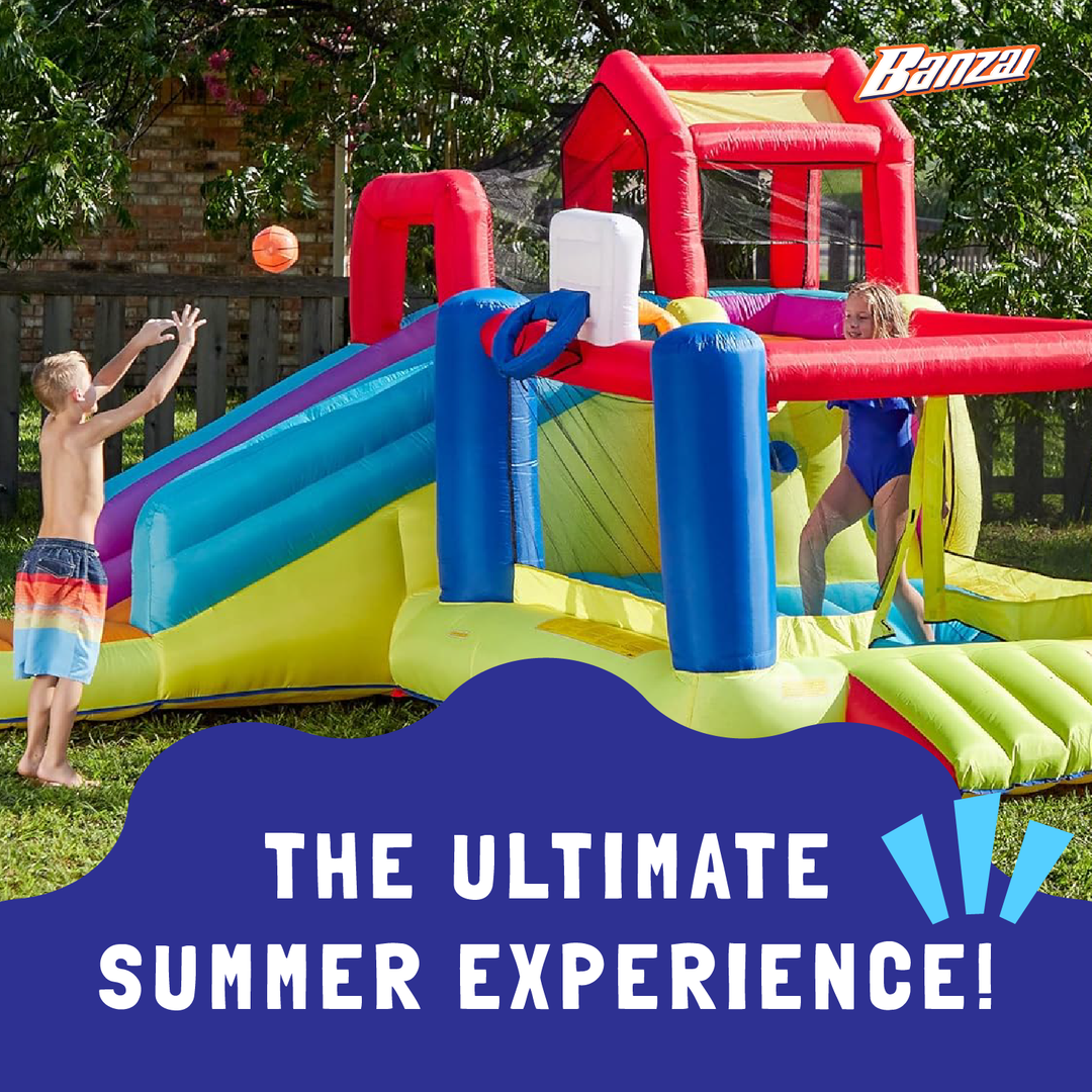 Banzai Outdoor Bounce House with Slide, Climbing Wall and 2 Sports Activities - VMInnovations