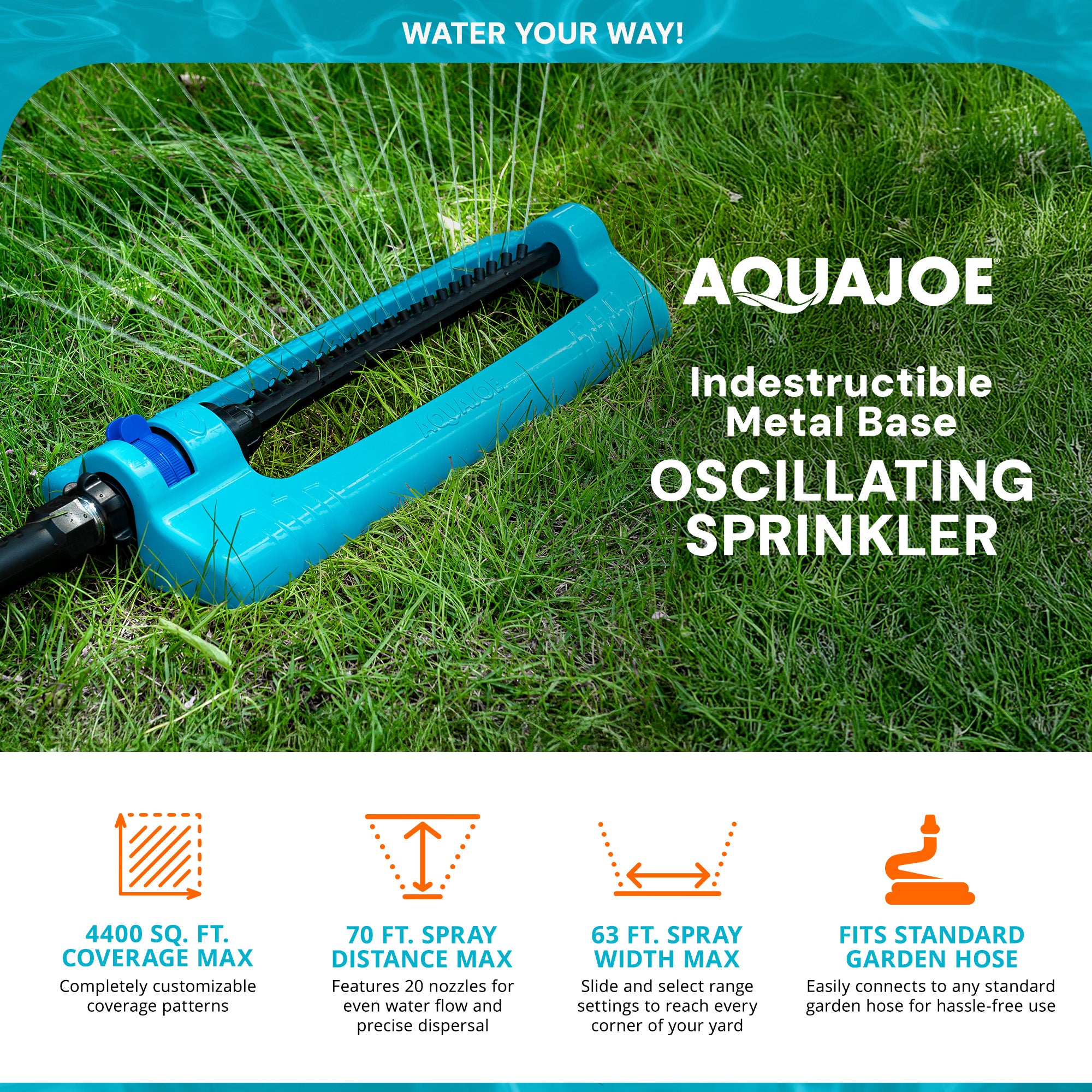 Aqua Joe Oscillating Sprinkler with Adjustable Spray, 4400 Sq Foot (Open Box)