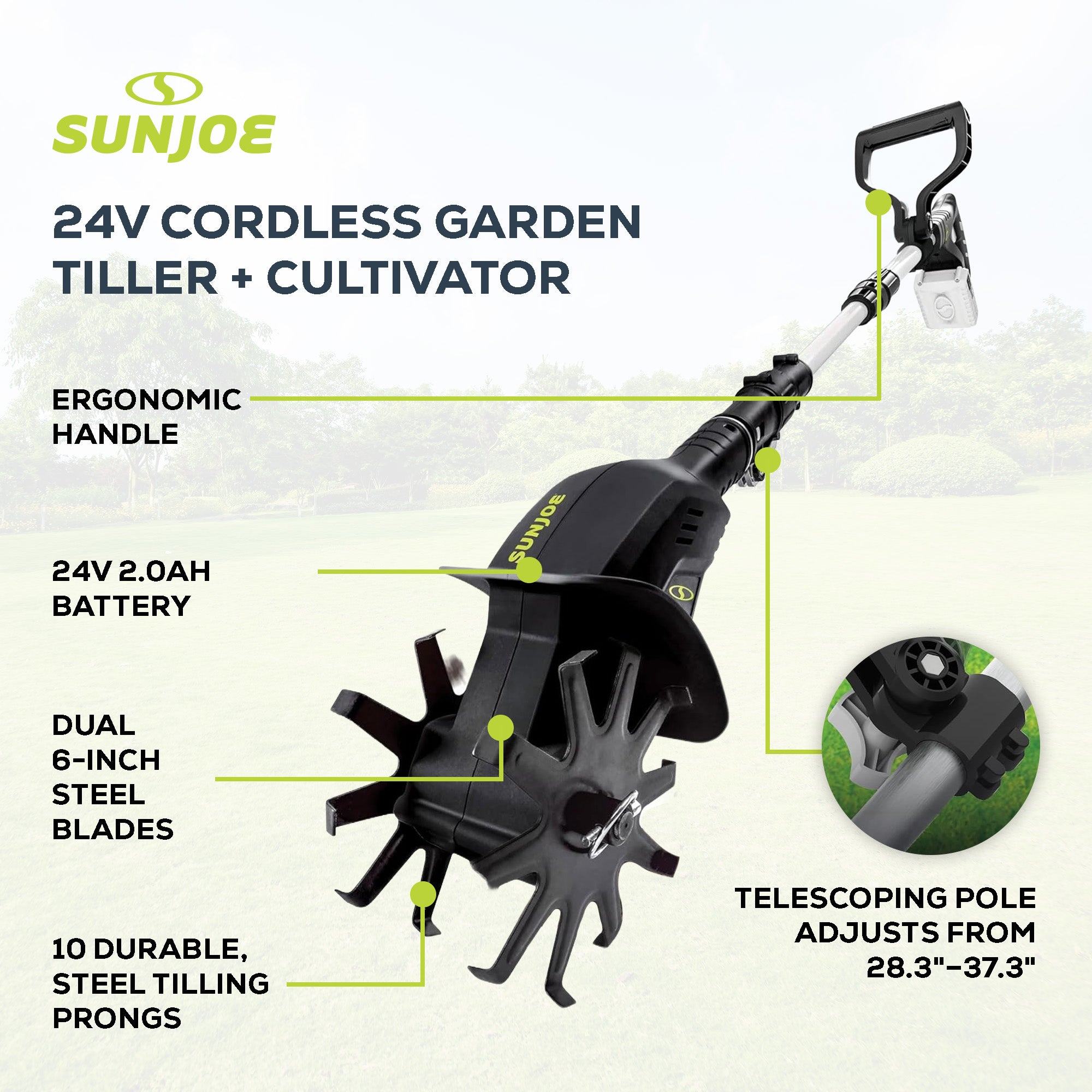 Sun Joe 24V Cordless Garden Tiller Cultivator Accessory Kit, Black, 24V-TLR-LTE