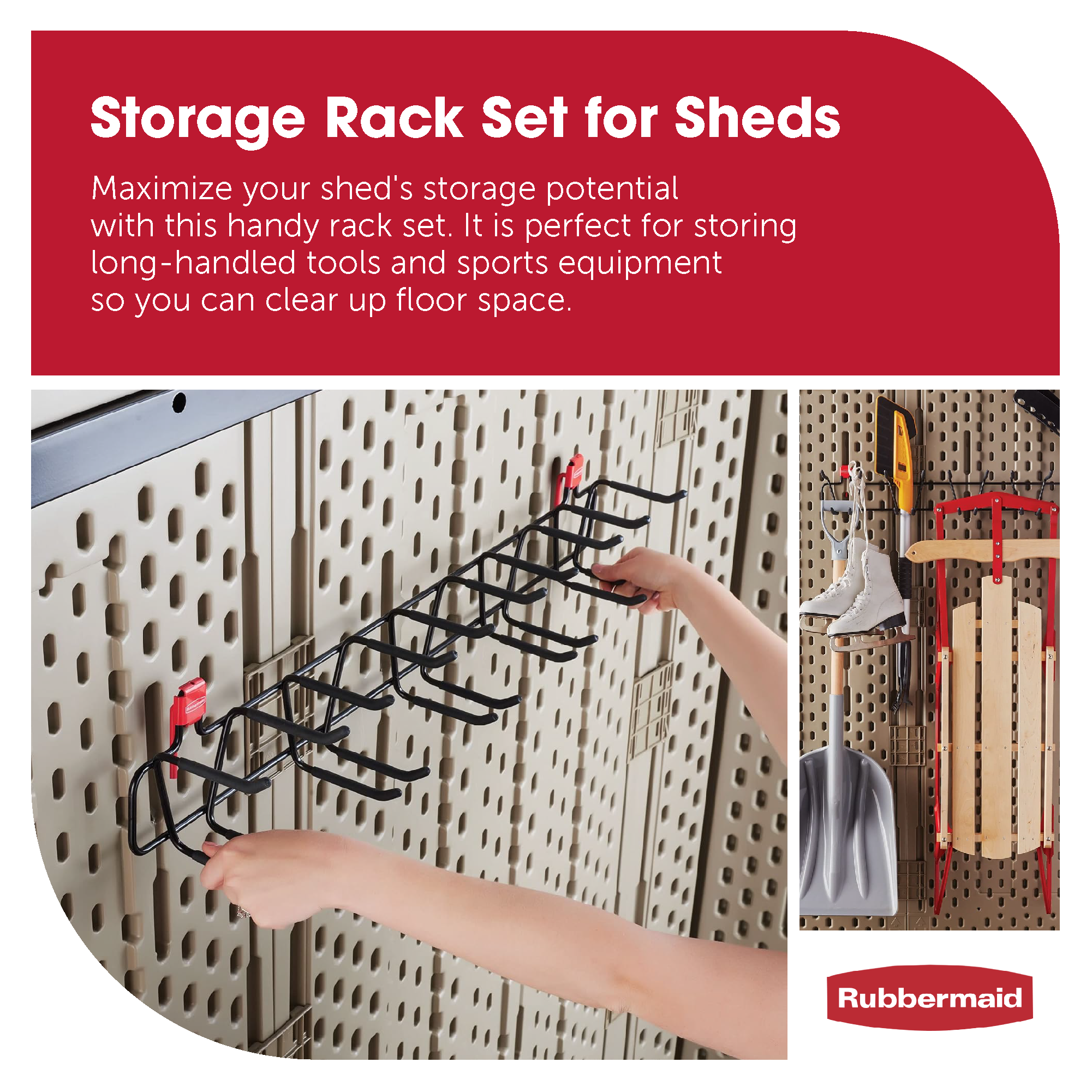 Rubbermaid 34 Inch Heavy Duty Garden Tool & Sport Storage Rack for Sheds, 2 Pack
