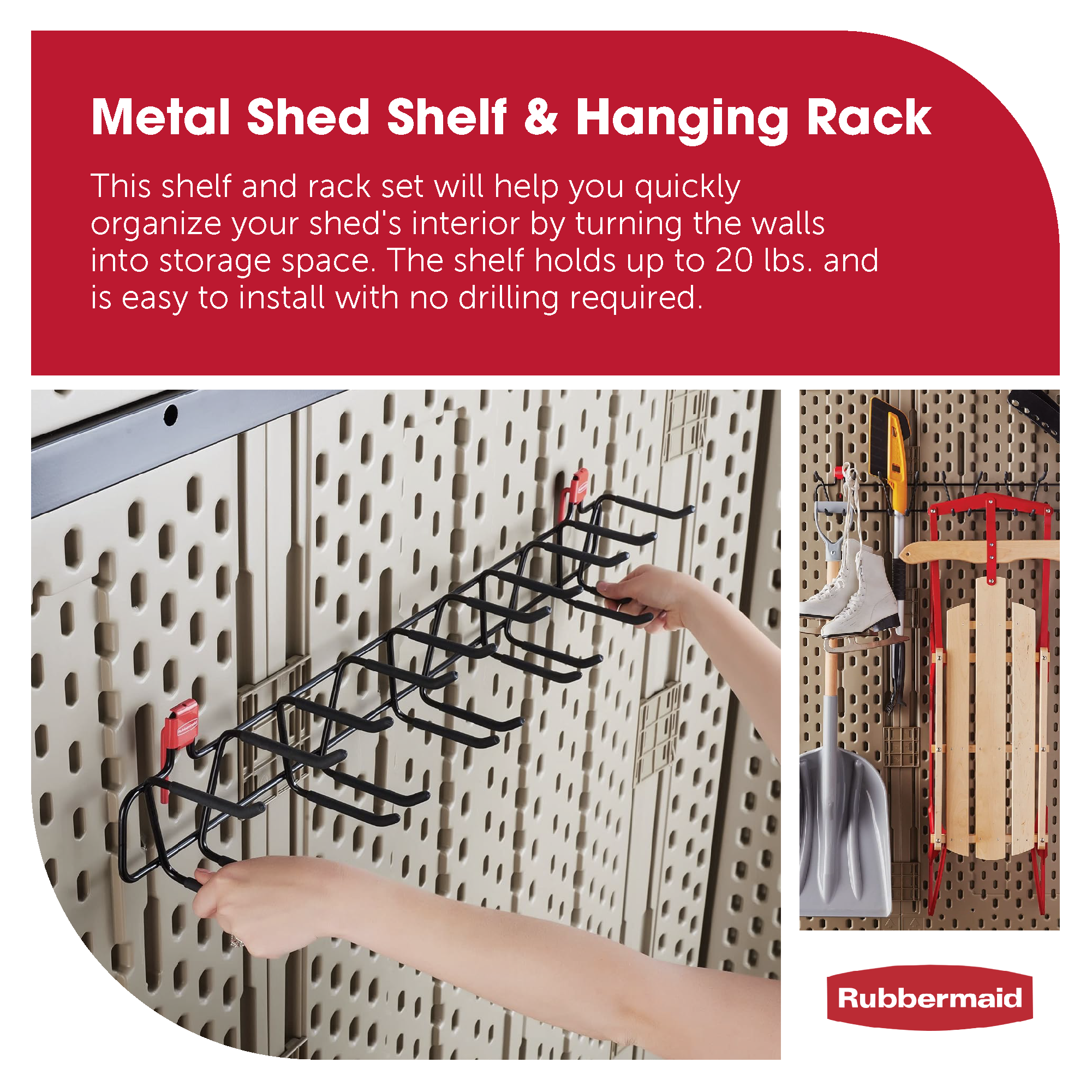 Rubbermaid Metal Shed Accessory Shelf & 50lb Capacity 34” Storage Shed Tool Rack