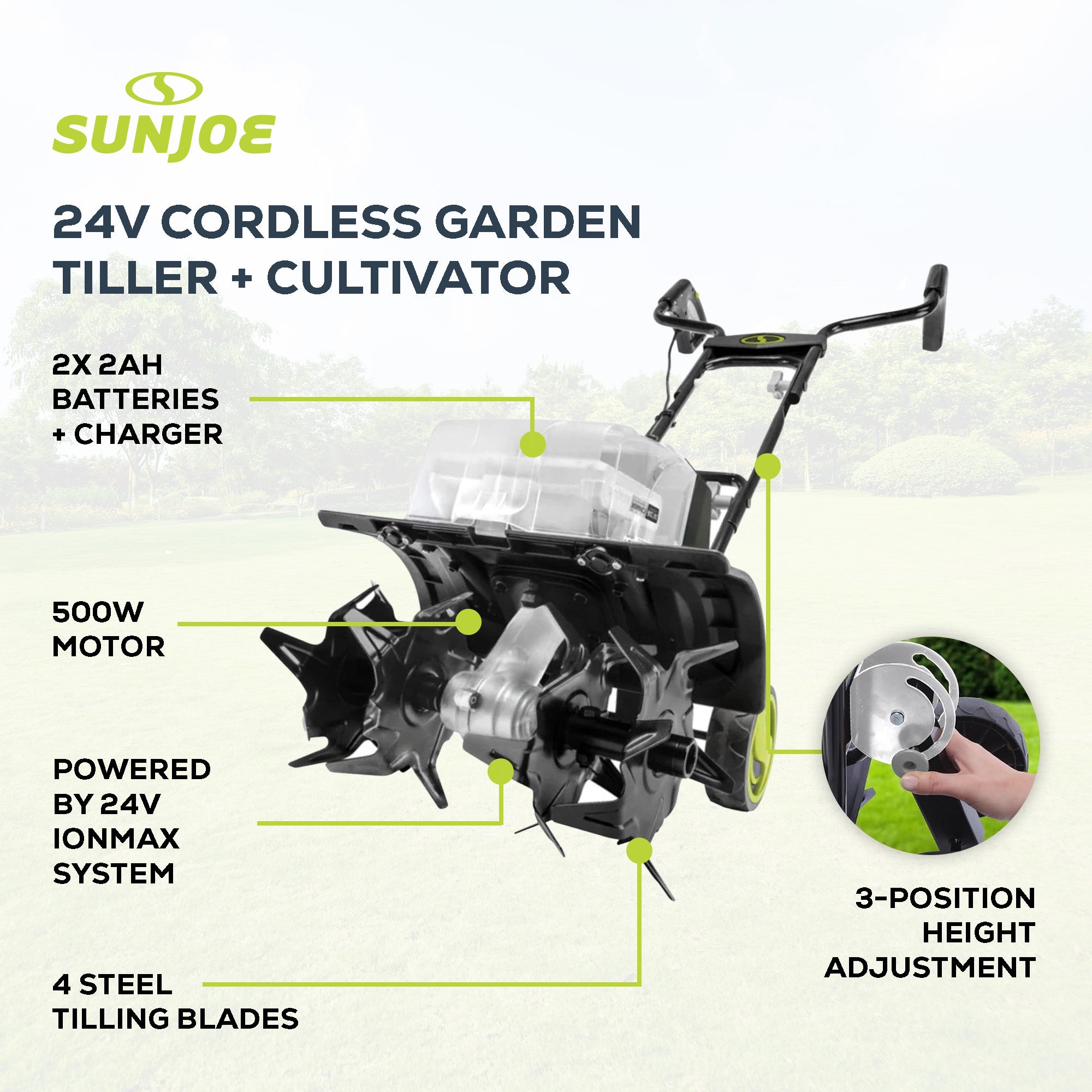 Sun Joe 24V Cordless Garden Tiller Cultivator Accessory Kit, Black, 24V-X2-TLR14