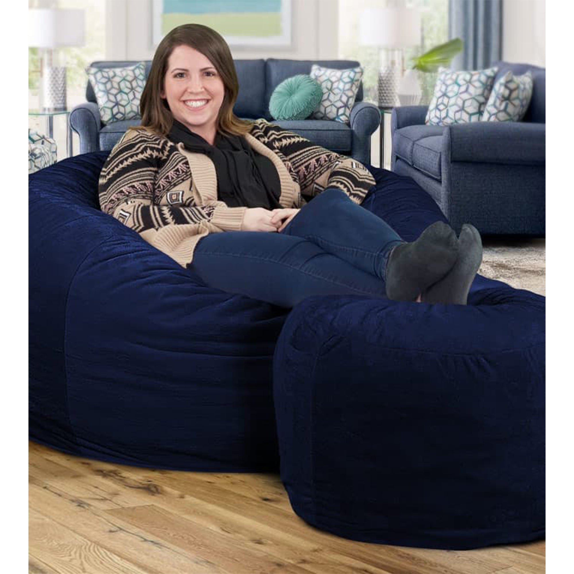Ultimate Sack 4 Ft Foam Filled Suede Covered Bean Bag Chair with Footstool, Navy