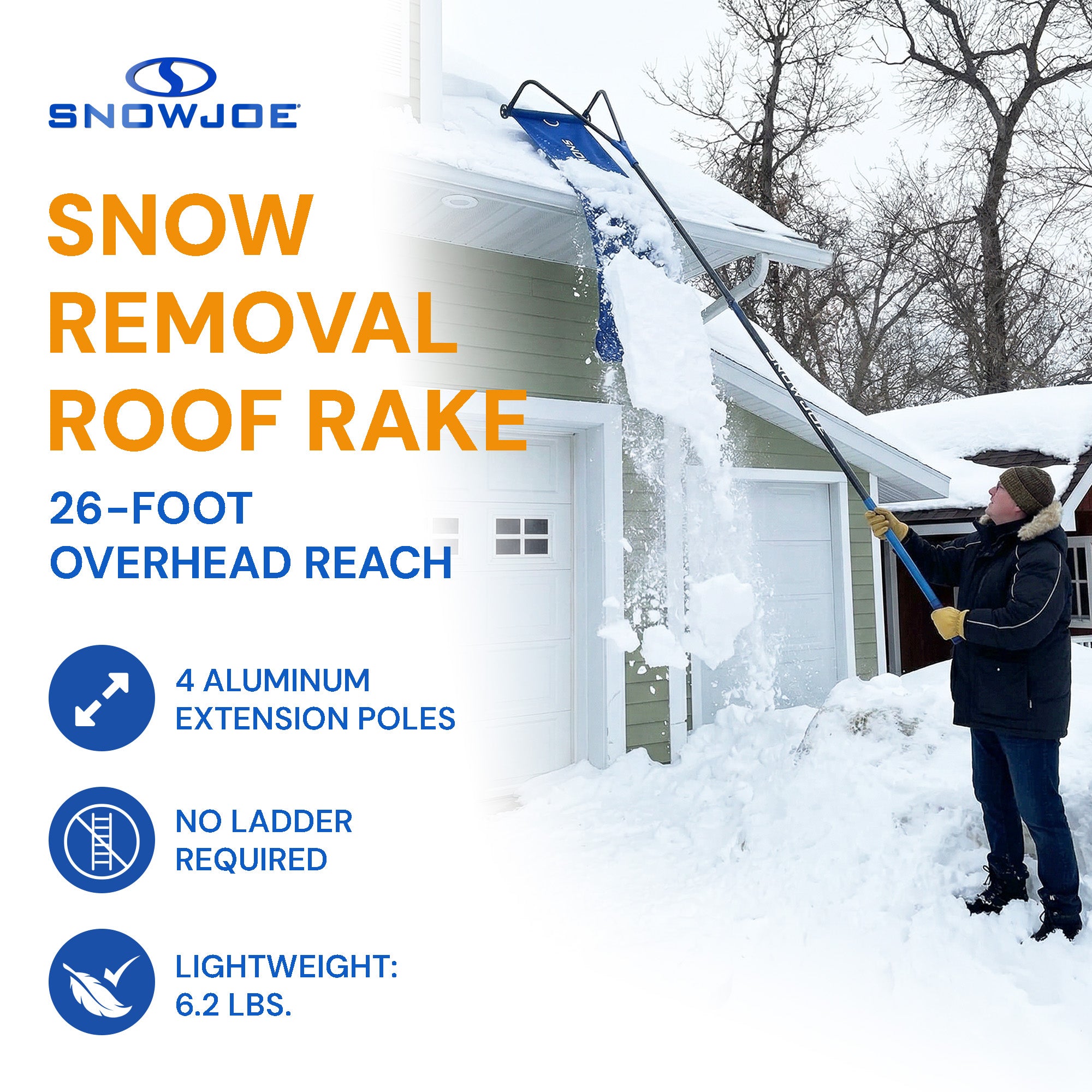 Snow Joe Roof Rake and Snow Removal Tool with 28-Foot Reach and 20-Foot Debris Slide - Ice Remover and Winter Season Accessory for Home, Building, and Garage, RJ208M - VMInnovations