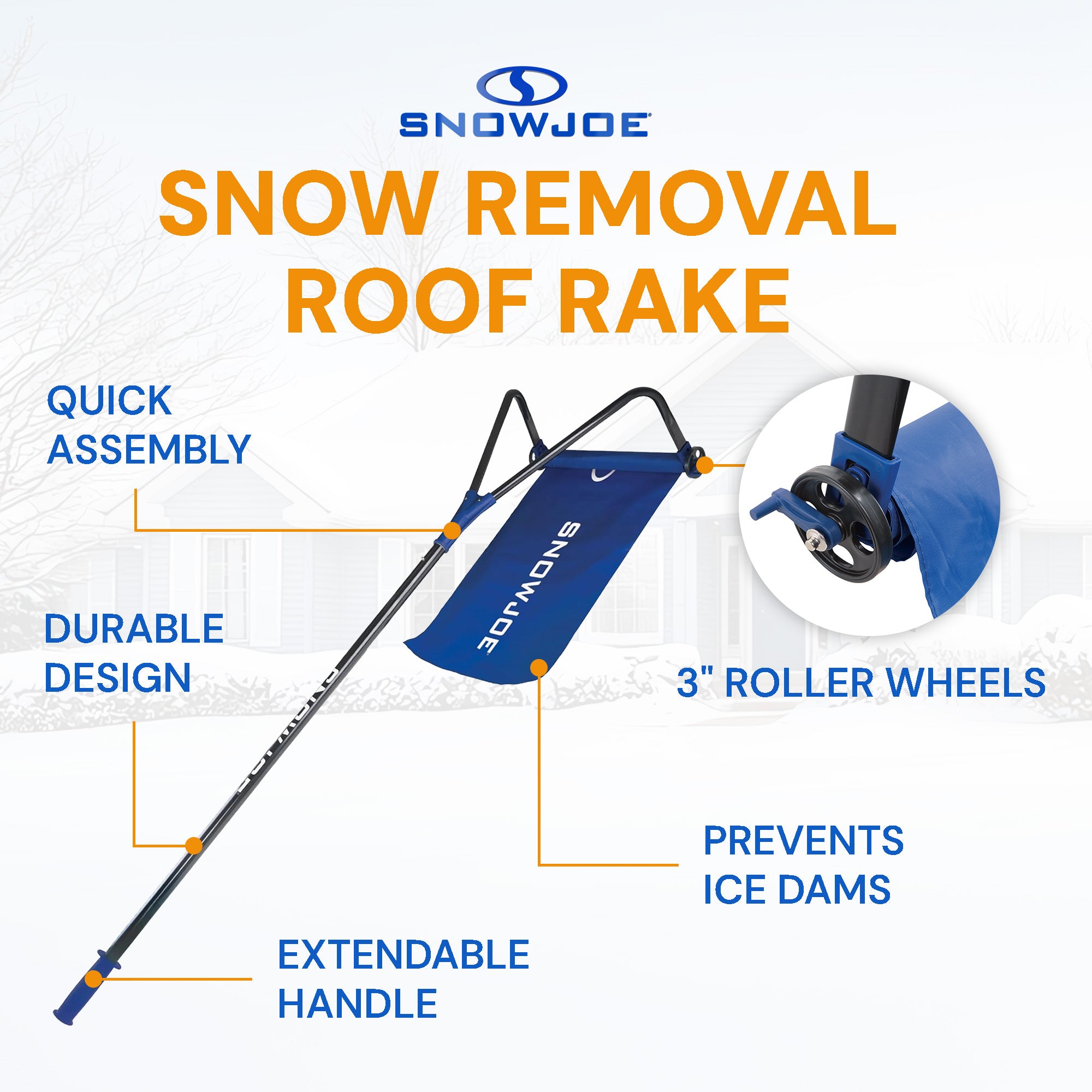 Snow Joe Roof Rake and Snow Removal Tool with 28-Foot Reach and 20-Foot Debris Slide - Ice Remover and Winter Season Accessory for Home, Building, and Garage, RJ208M - VMInnovations