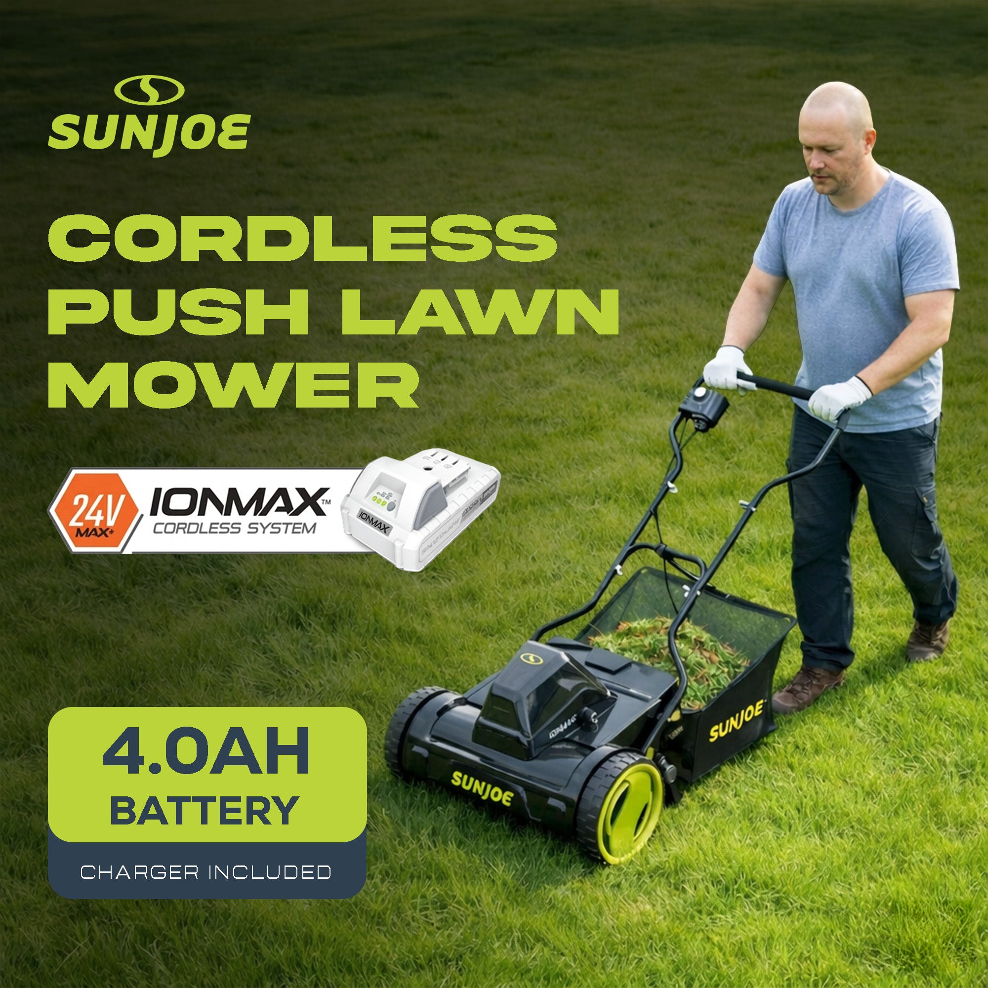 Sun Joe Cordless Push Reel Mower, 15” Yard Trimmer w/ Collection Bag, 24V-CRLM15