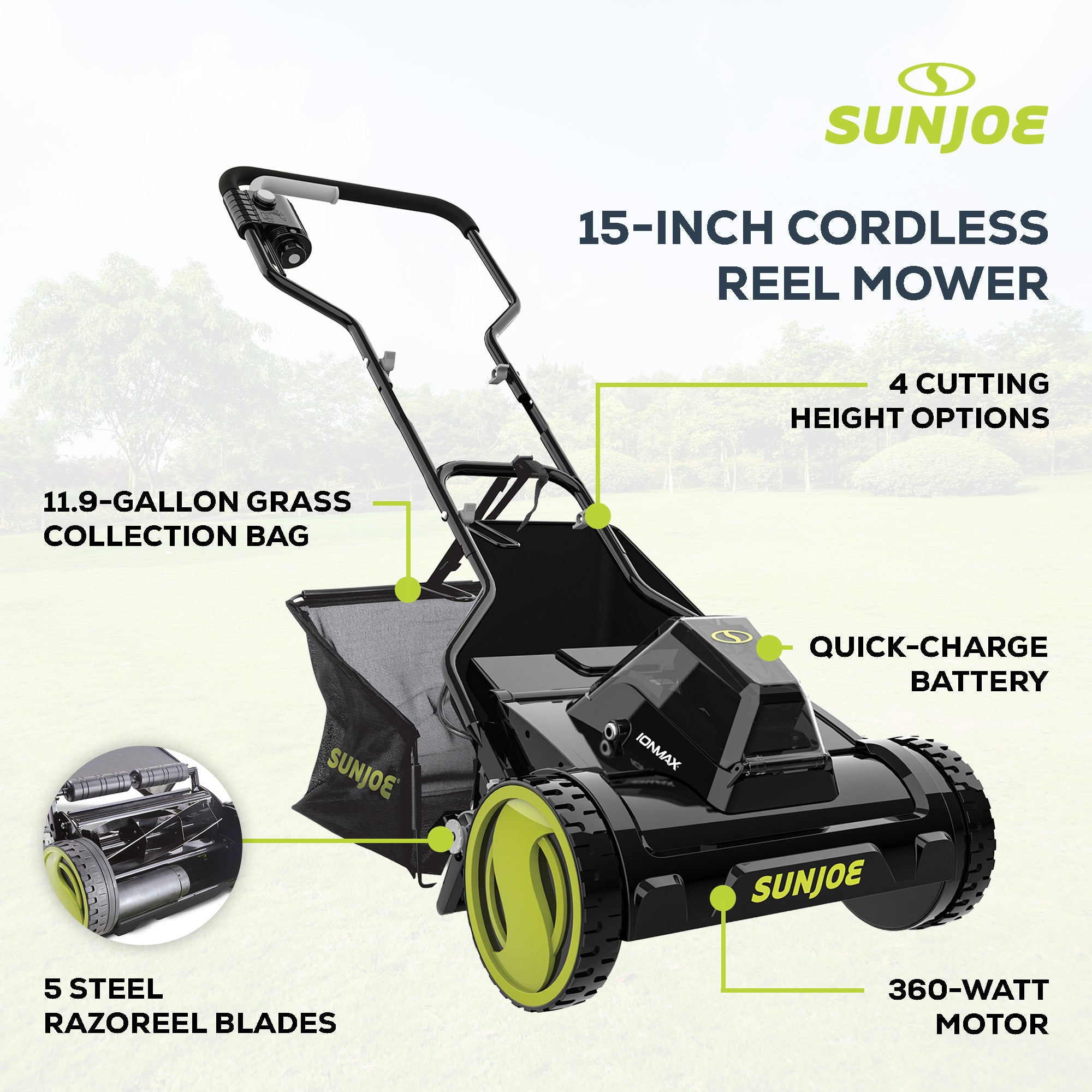 Sun Joe Cordless Push Reel Mower, 15” Yard Trimmer w/ Collection Bag, 24V-CRLM15