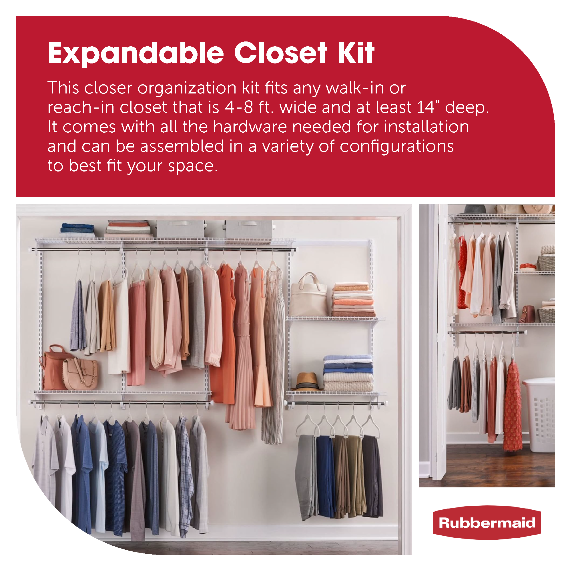 Rubbermaid Configurations 4-8 Feet Custom DIY Closet Organizer Kit, White - VMInnovations
