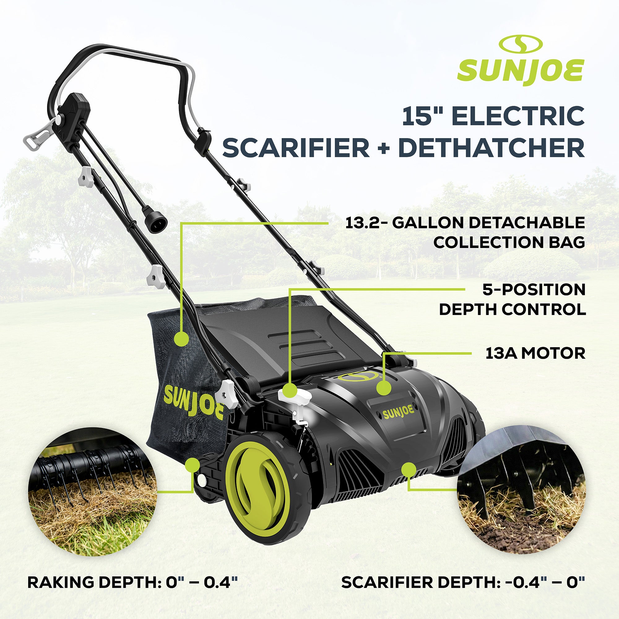 Sun Joe 15" Electric Dethatcher Scarifier with 13.2 Gallon Bag, 13 Amp, AJ805E