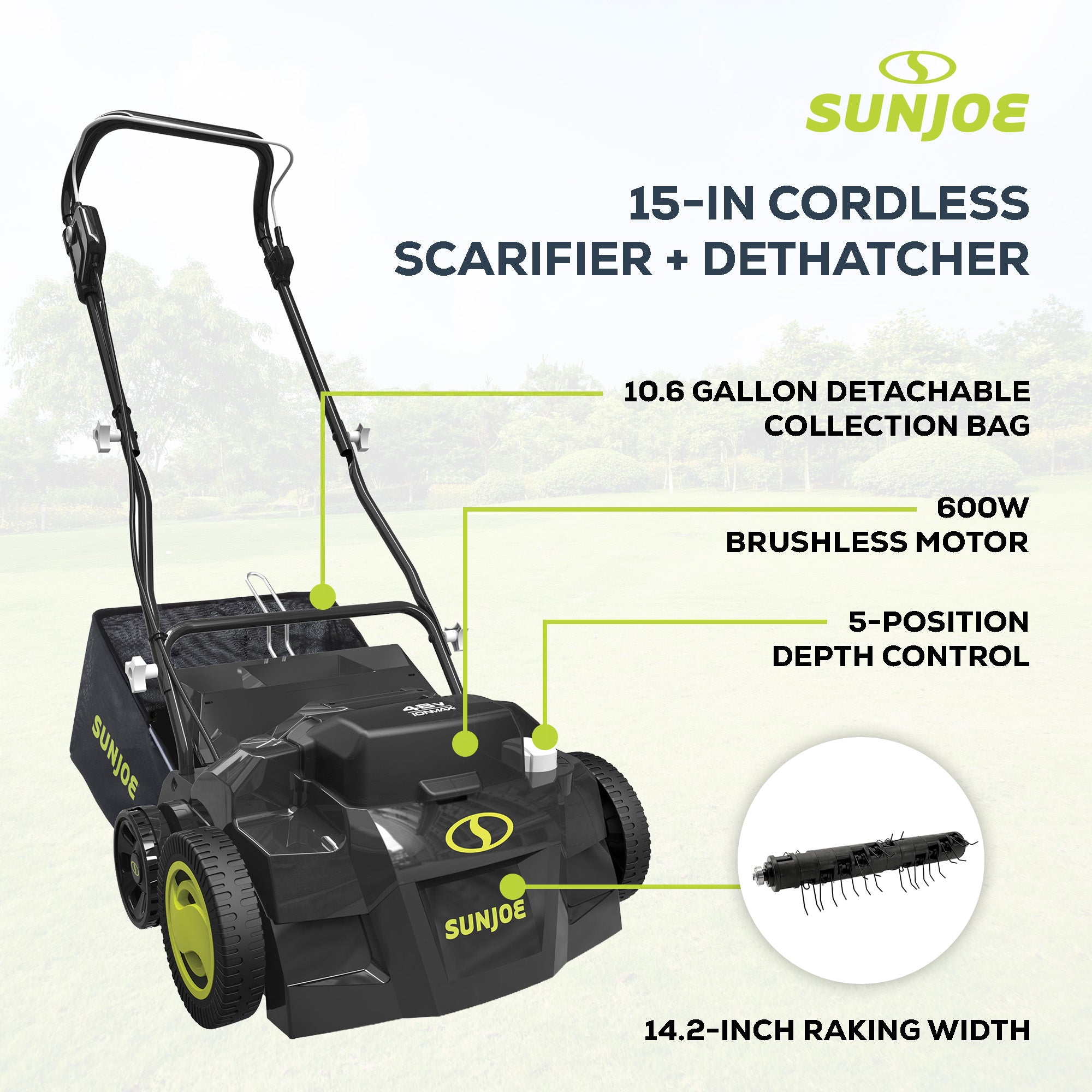 Sun Joe Cordless Scarifier/Dethatcher, Brushless Motor, Batteries, 24V-X2-DTS15