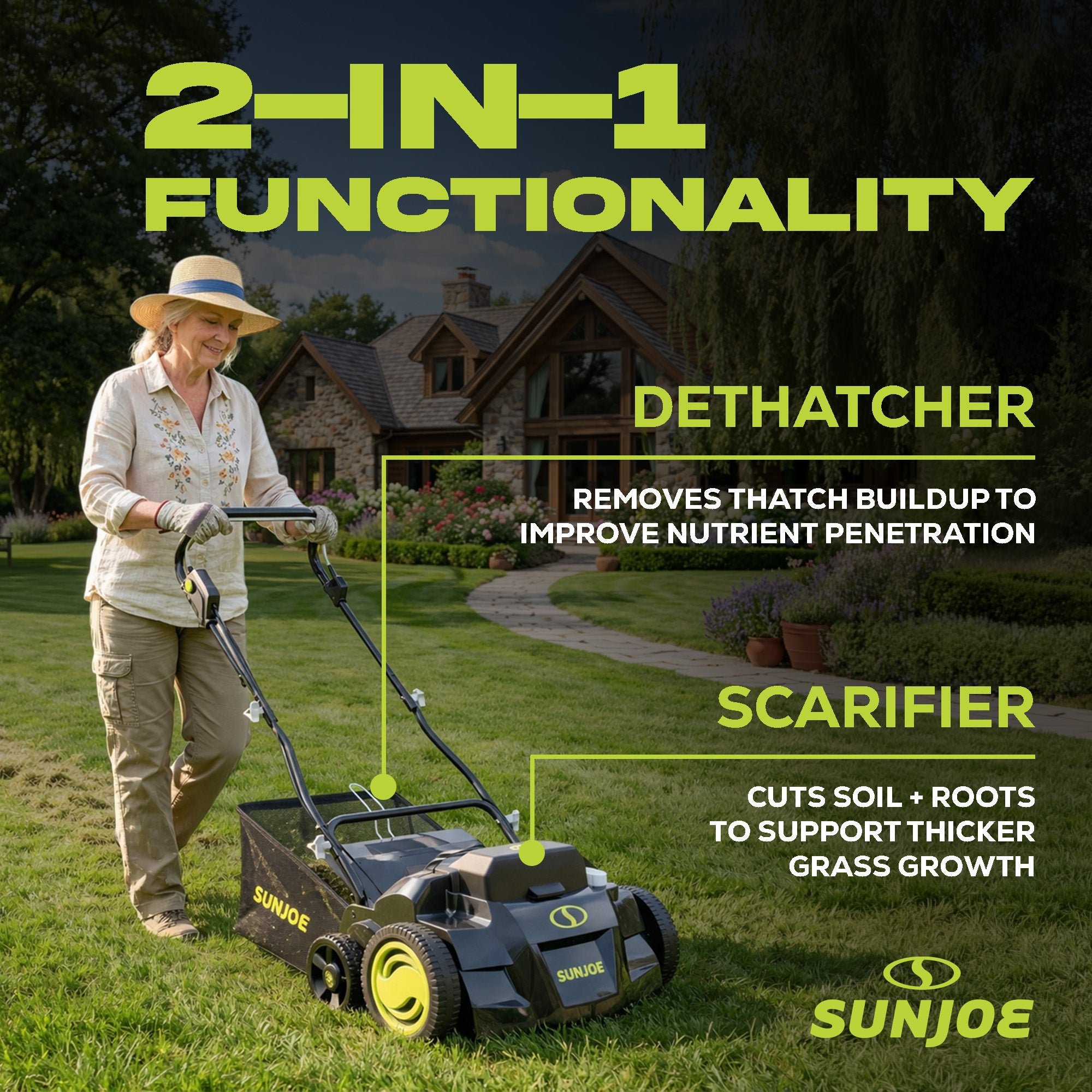 Sun Joe Cordless Scarifier/Dethatcher, Brushless Motor, Batteries, 24V-X2-DTS15
