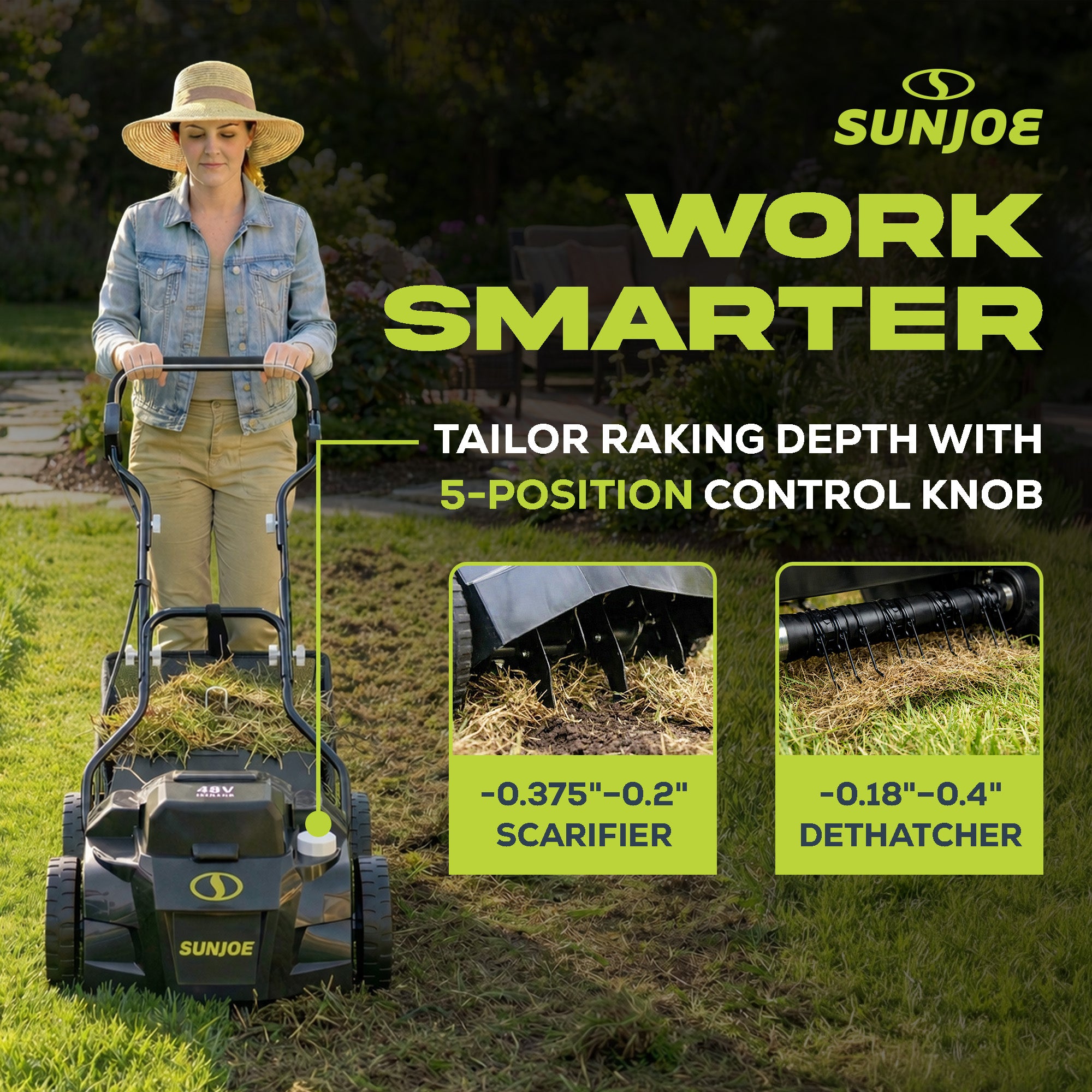 Sun Joe Cordless Scarifier/Dethatcher, Brushless Motor, Batteries, 24V-X2-DTS15