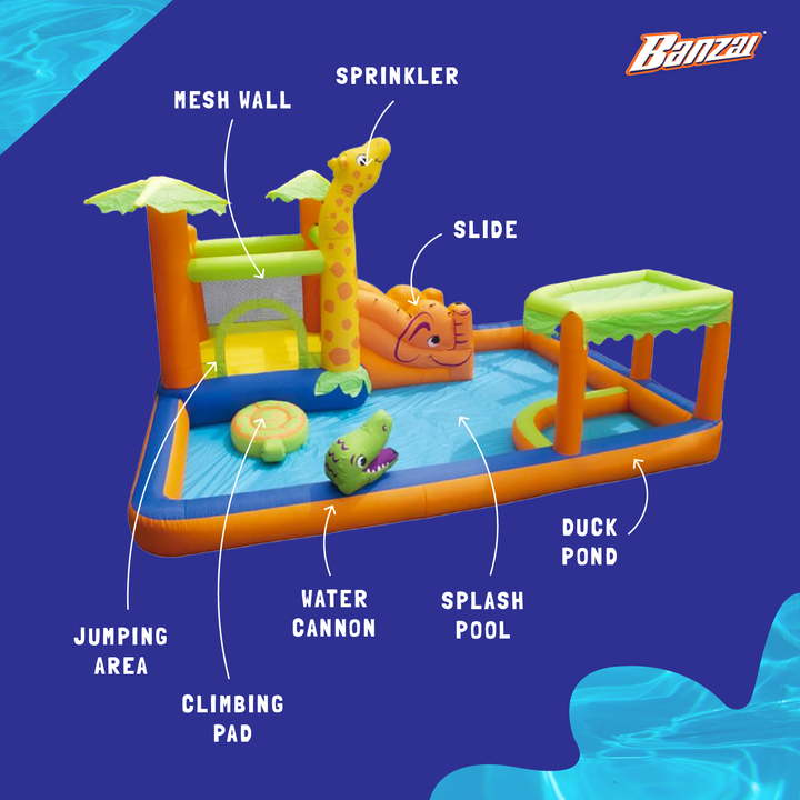 Banzai Safari Splash Water Park Inflatable Bouncer Slide with Cannon and Blower - VMInnovations