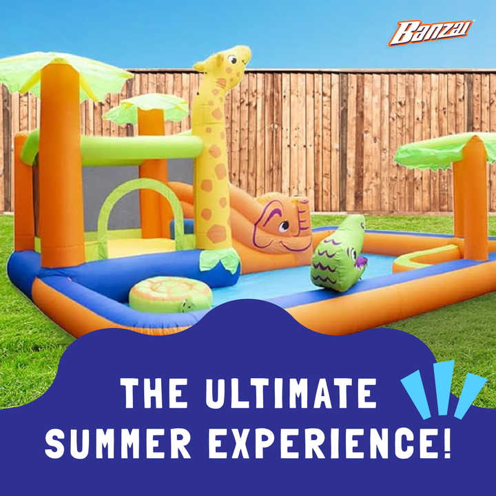 Banzai Safari Splash Water Park Inflatable Bouncer Slide with Cannon and Blower - VMInnovations