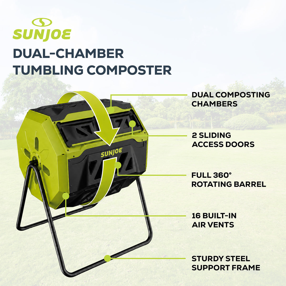 Sun Joe Dual Chamber Tumbling Composter, Advanced Aeration, 42 Gallon, SJ-CMPS1