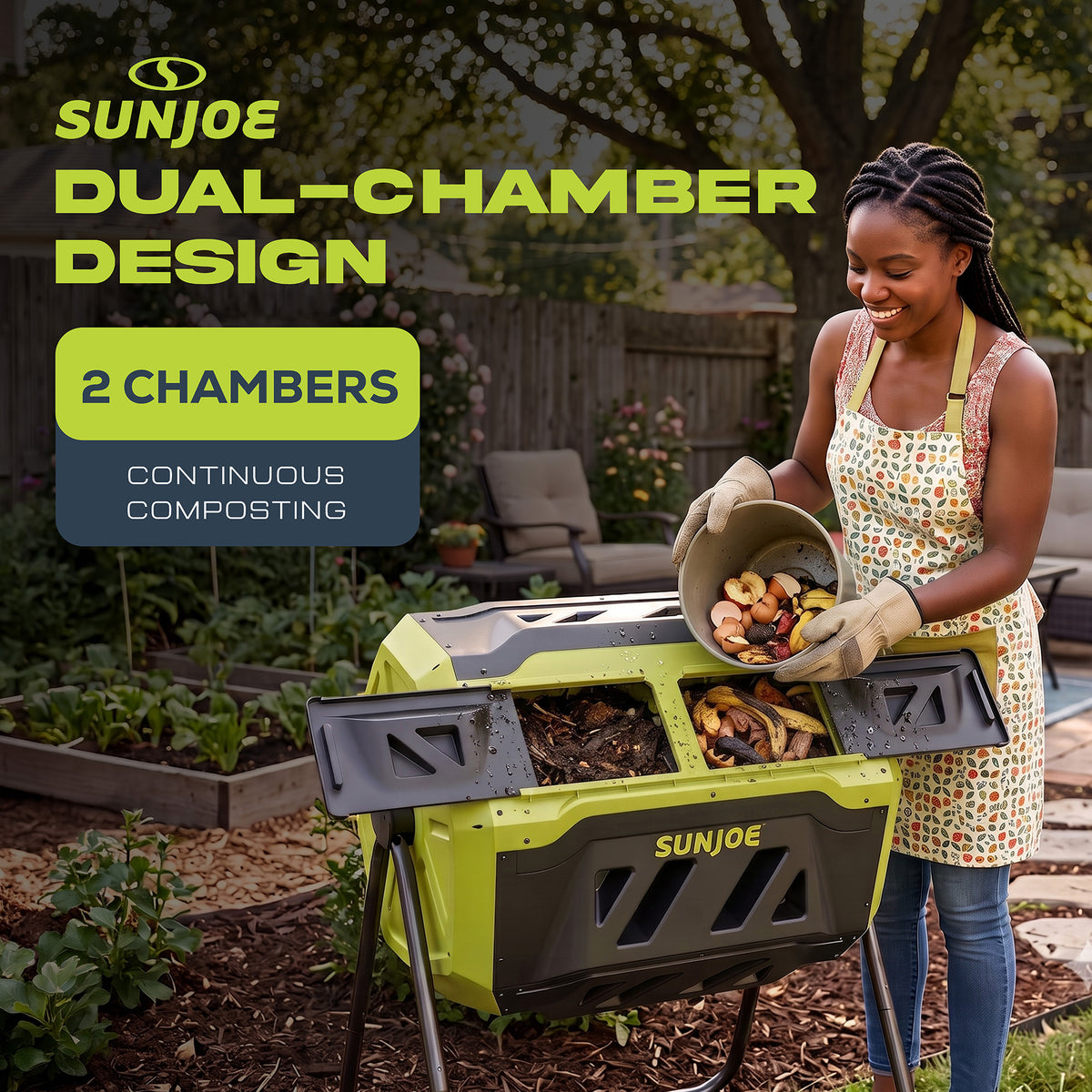 Sun Joe Dual Chamber Tumbling Composter, Advanced Aeration, 42 Gallon, SJ-CMPS1