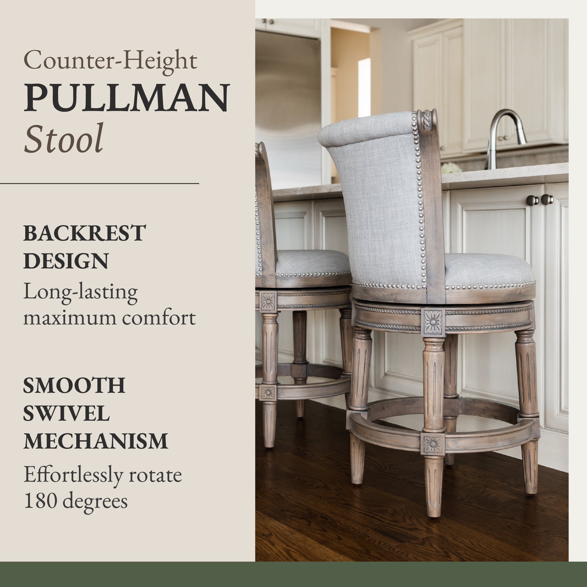 Maven Lane Pullman Counter Stool, Reclaimed Oak Finish w/ Ash Grey Fabric Upholstery - VMInnovations