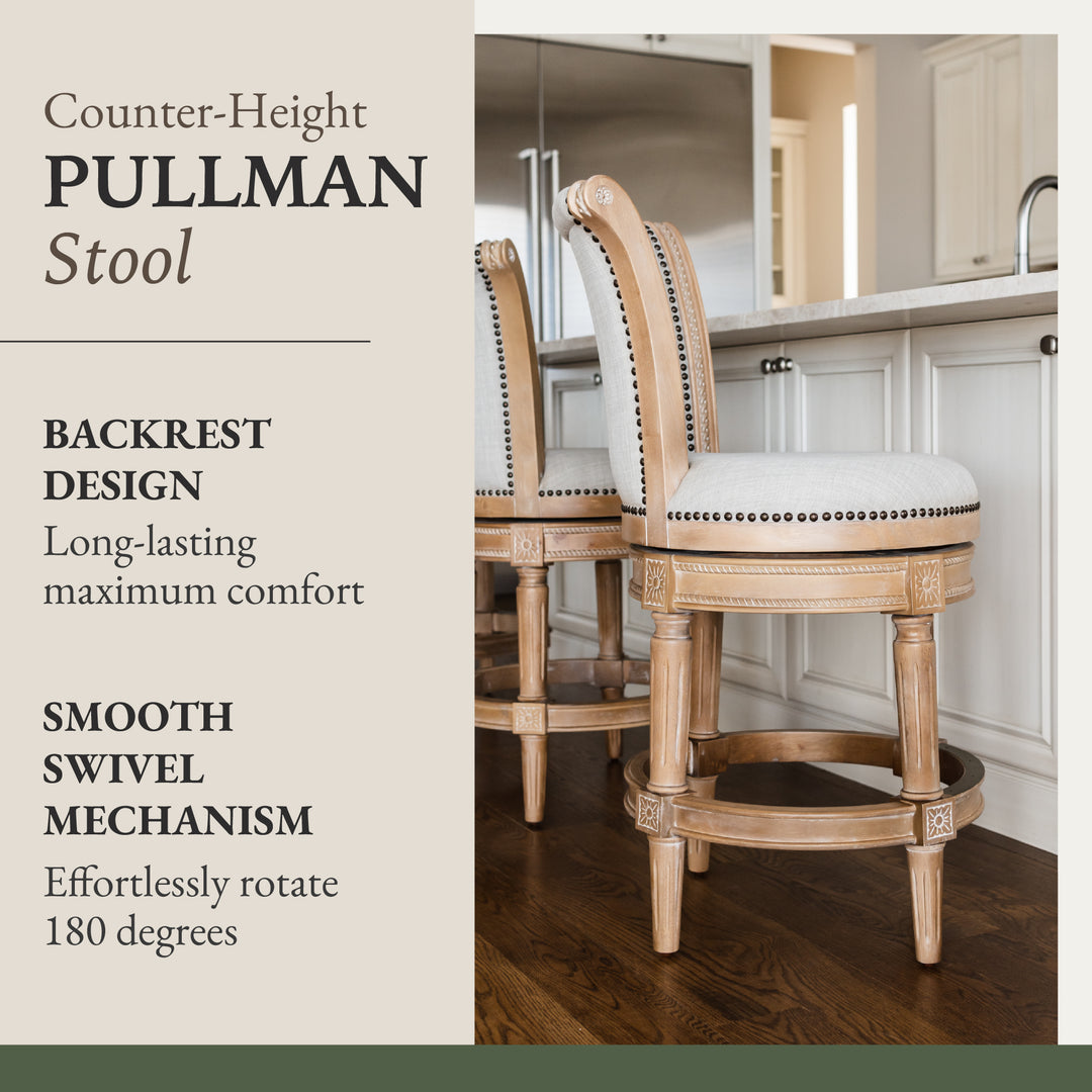 Maven Lane Pullman Counter Stool, Weathered Oak Finish w/ Sand Color Fabric Upholstery - VMInnovations