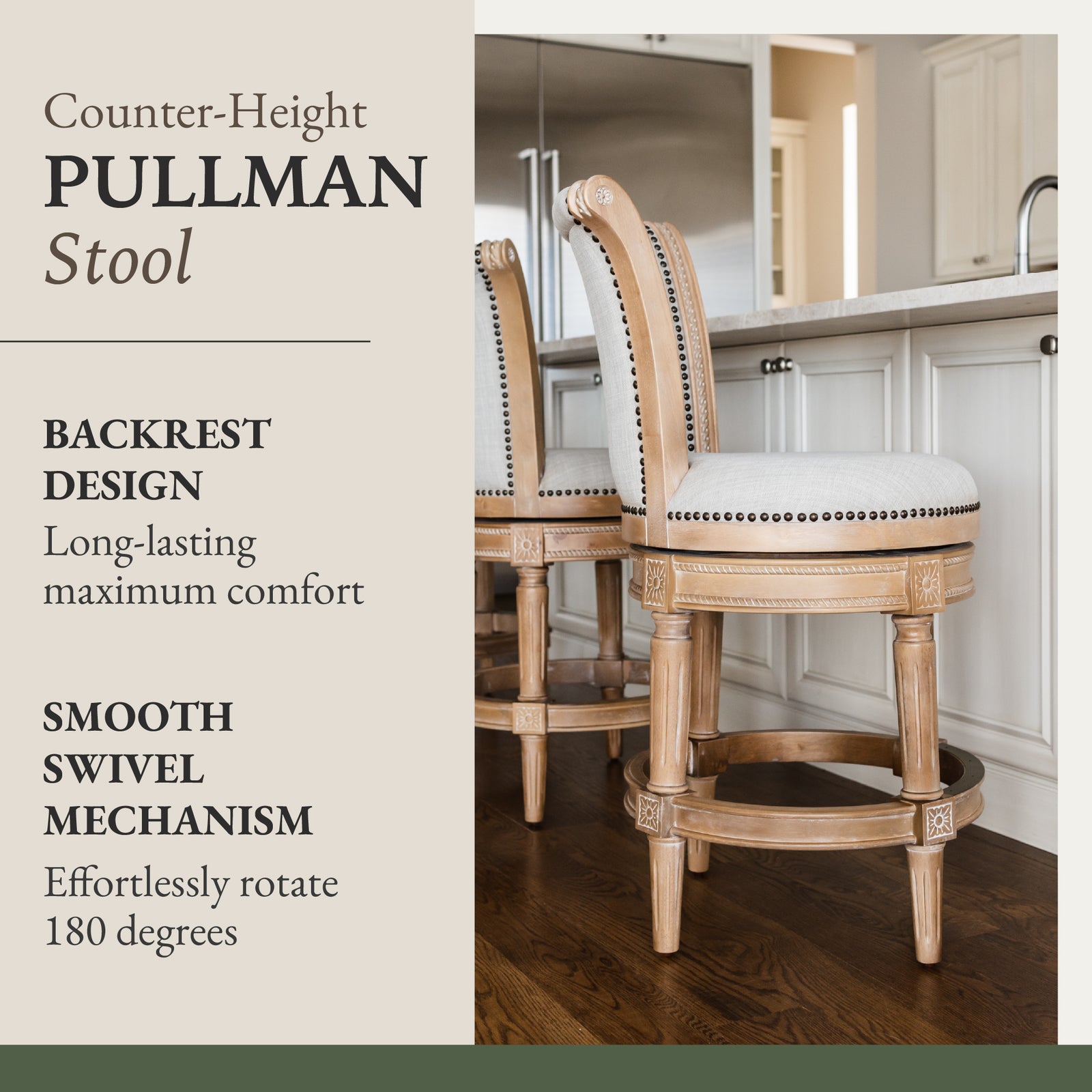 Maven Lane Pullman Counter Stool, Weathered Oak Finish w/ Sand Color Fabric Upholstery - VMInnovations
