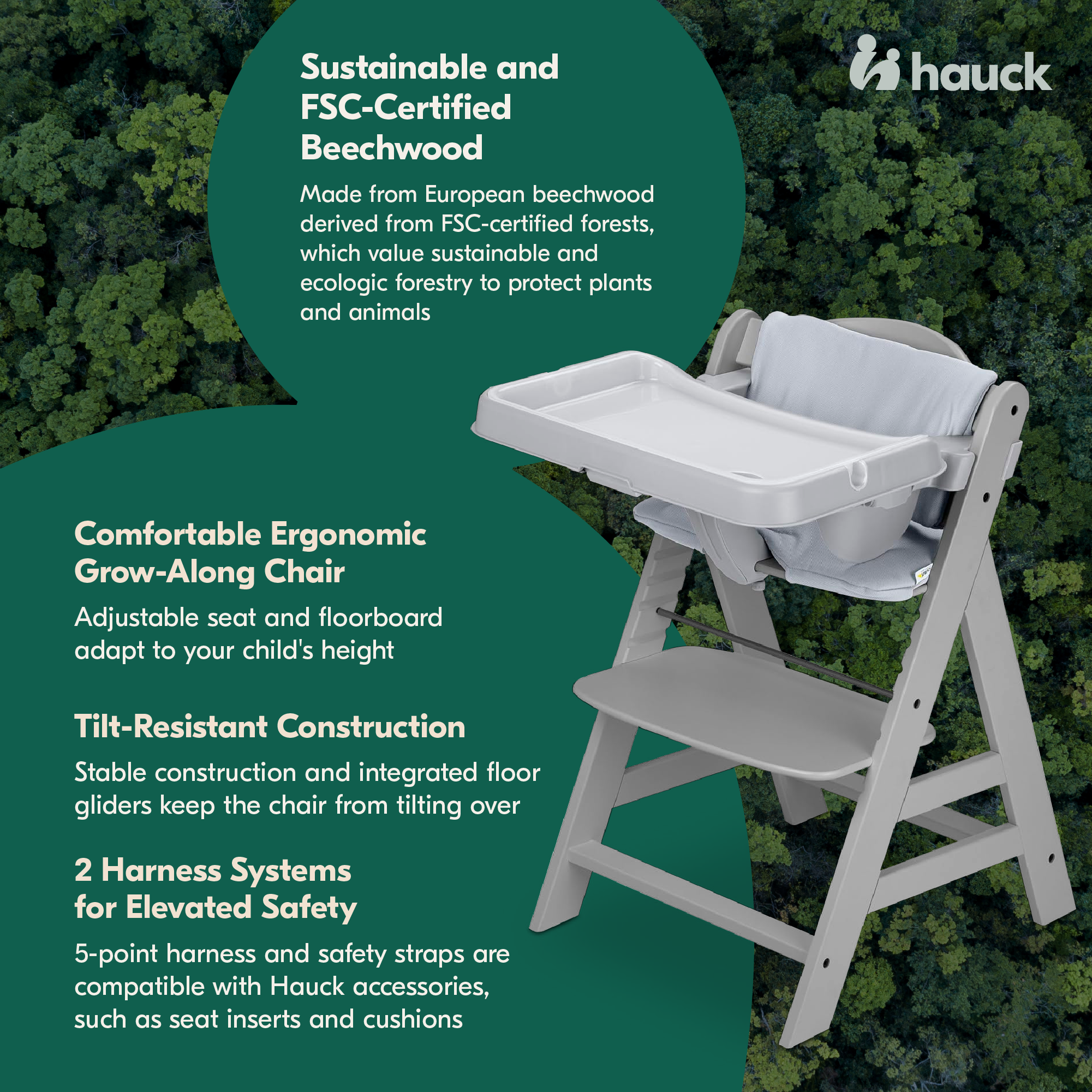hauck Alpha+ Wooden High Chair with Tray and Safety Bar, Grey