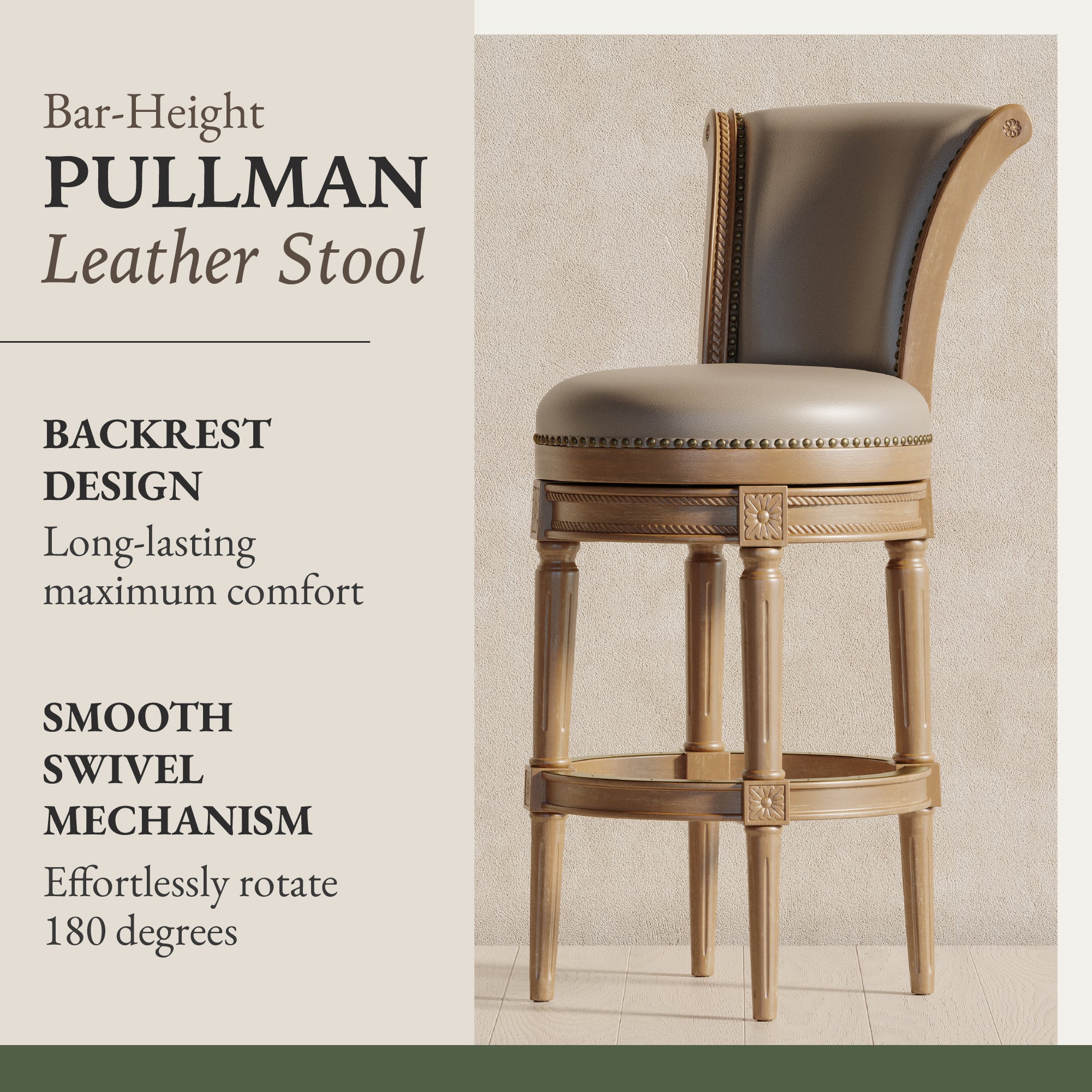 Maven Lane Pullman Bar Stool, Weathered Oak Finish, Vegan Leather (Open Box) - VMInnovations
