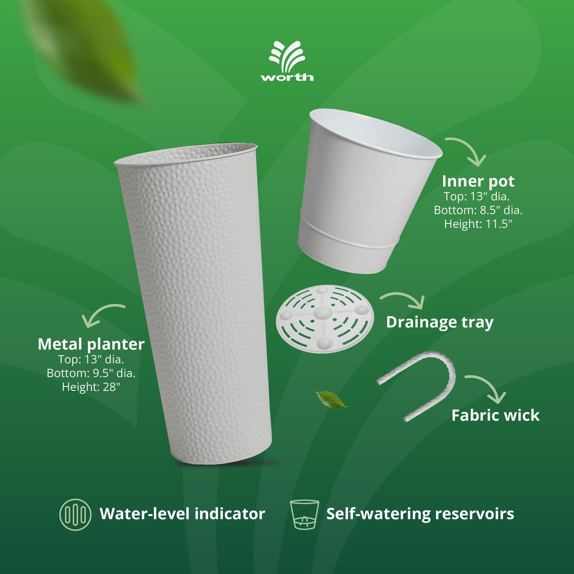 Worth 2 Pack 28" Metal Planter with Inside Pot for Indoors or Outdoors, White - VMInnovations