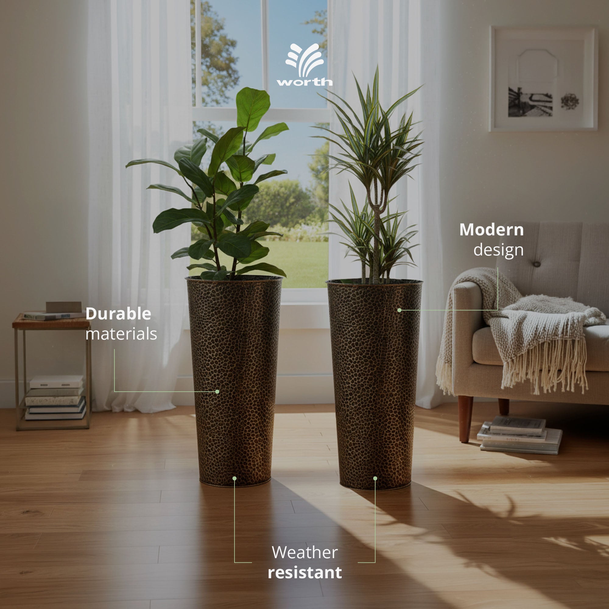 Worth 2 Pack 28" Metal Planter with Inside Pot for Indoors or Outdoors, Bronze
