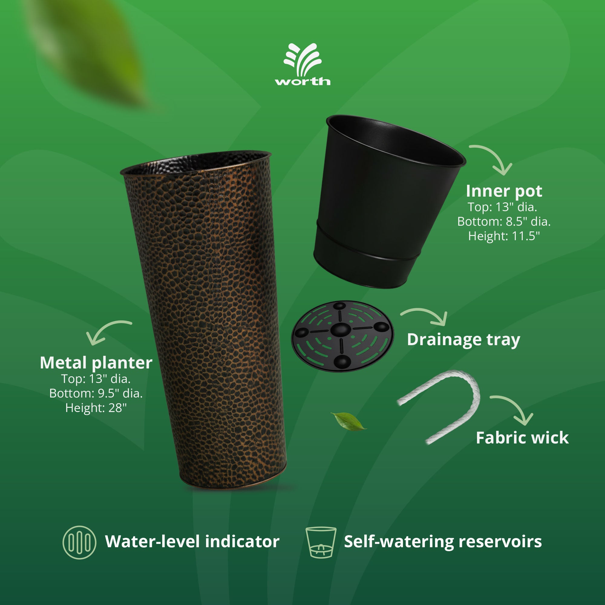 Worth 2 Pack 28" Metal Planter with Inside Pot for Indoors or Outdoors, Bronze