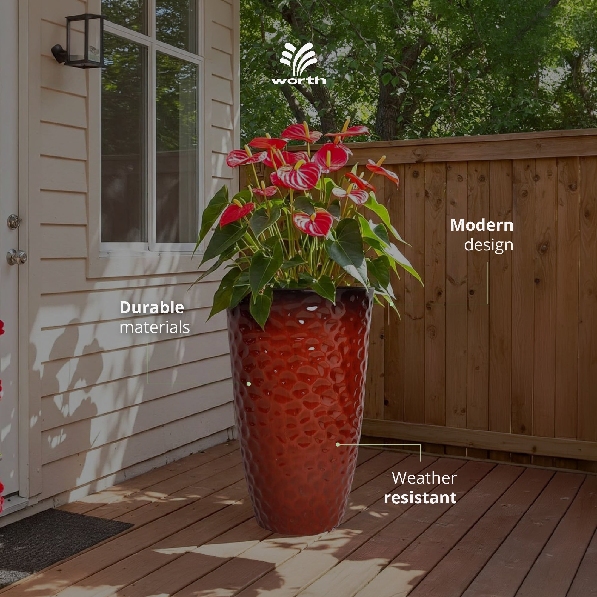 Worth 2 Pack 24" Tall Large Round Plastic Planter with Drainage Hole, Glossy Red - VMInnovations