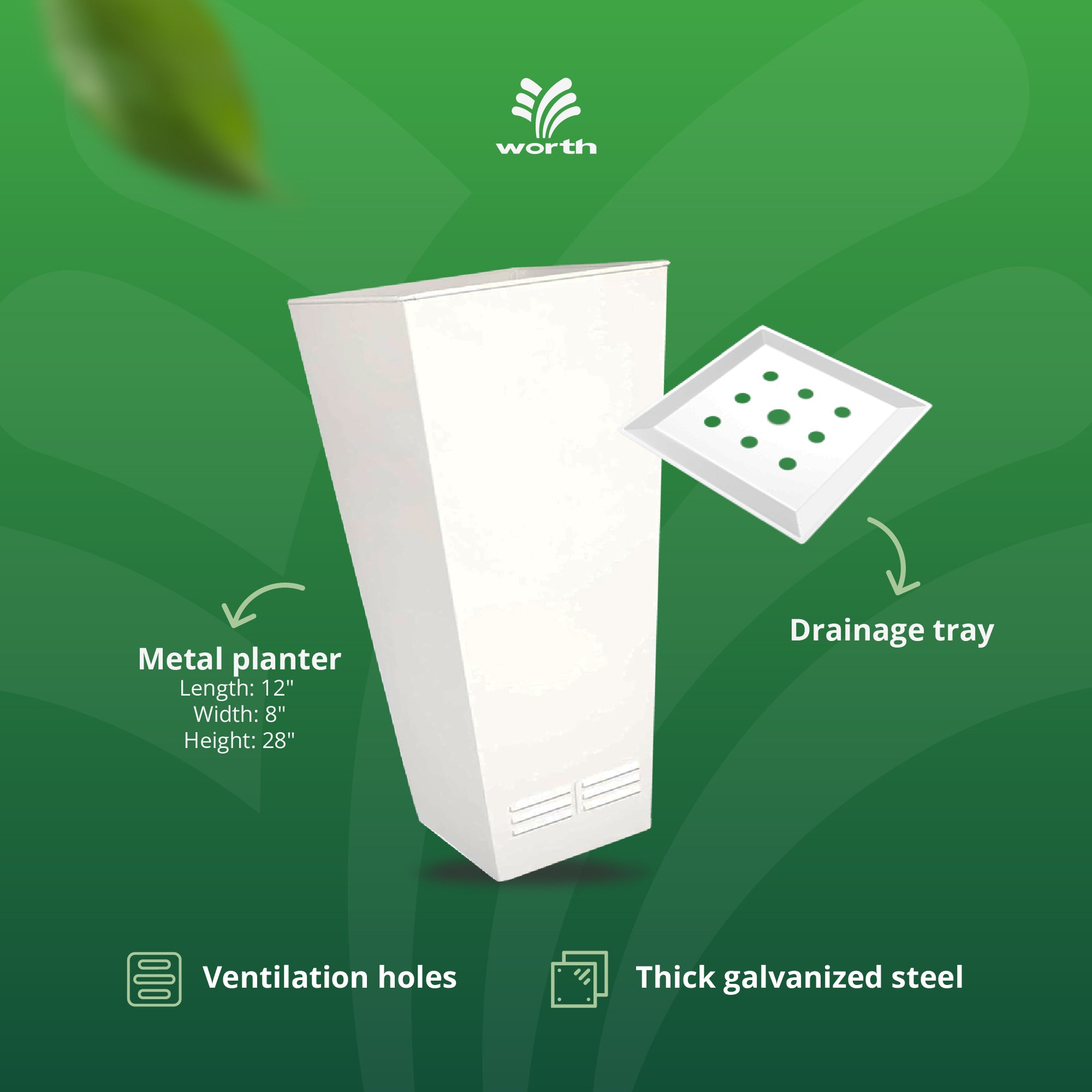 Worth 2 Pack 28" Tall Large Metal Planter, Tapered Steel Flower Pots, White - VMInnovations