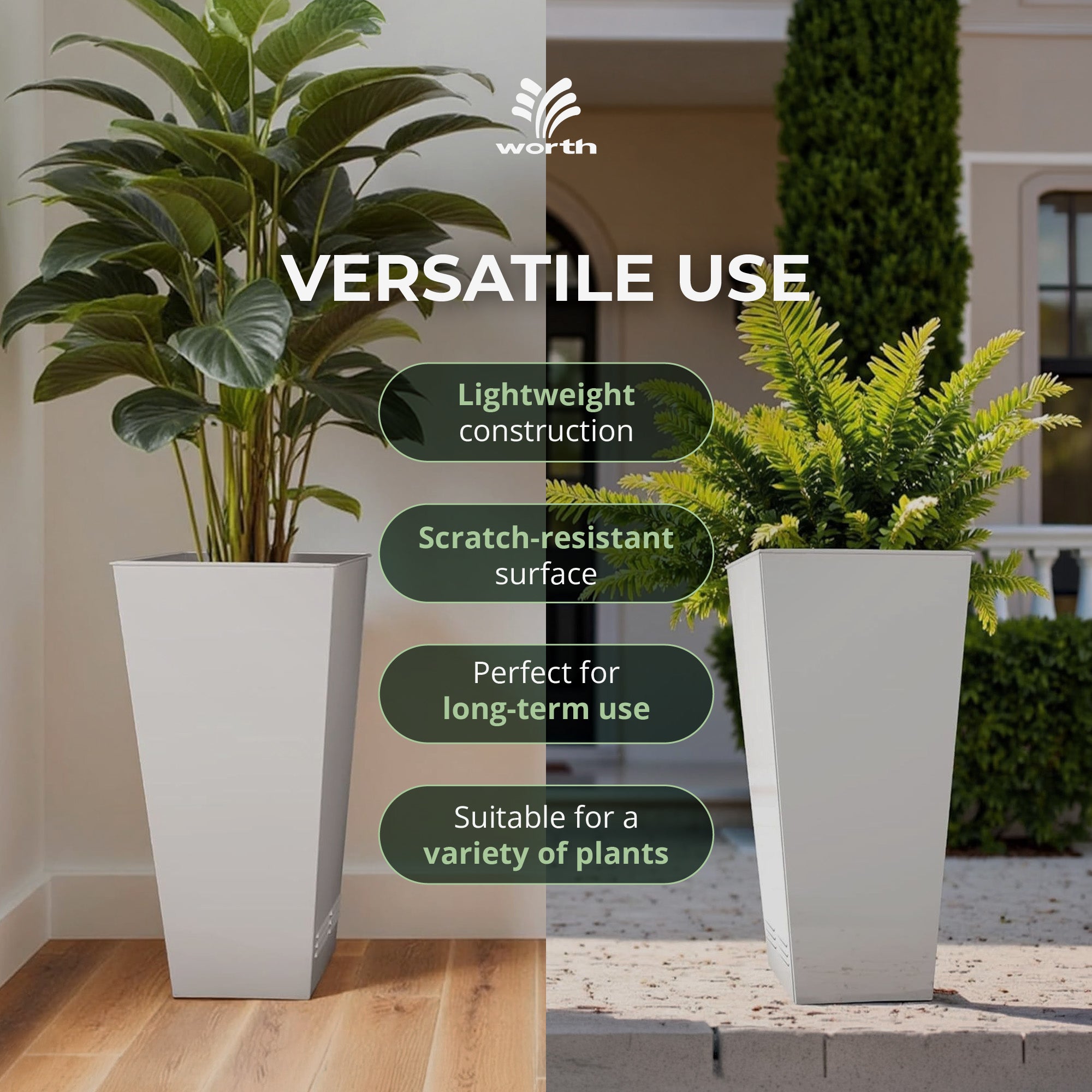 Worth 2 Pack 28" Tall Large Metal Planter, Tapered Steel Flower Pots, White - VMInnovations