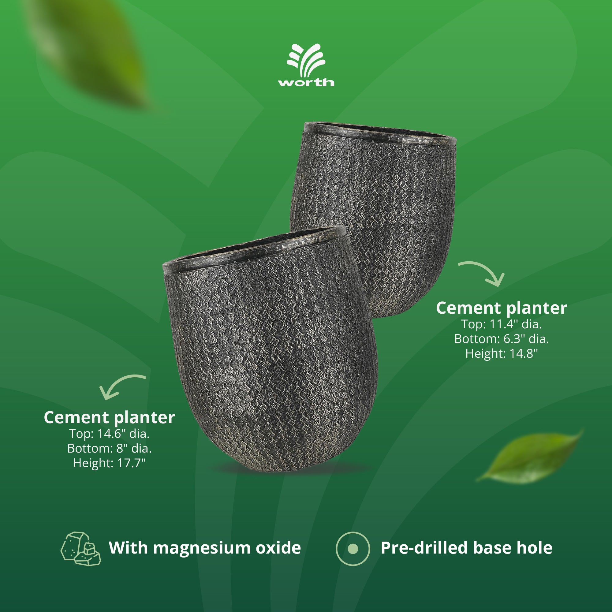 Worth 12" and 14.5" Round Planters, Magnesium Oxide Cement Plant Pots, Black - VMInnovations