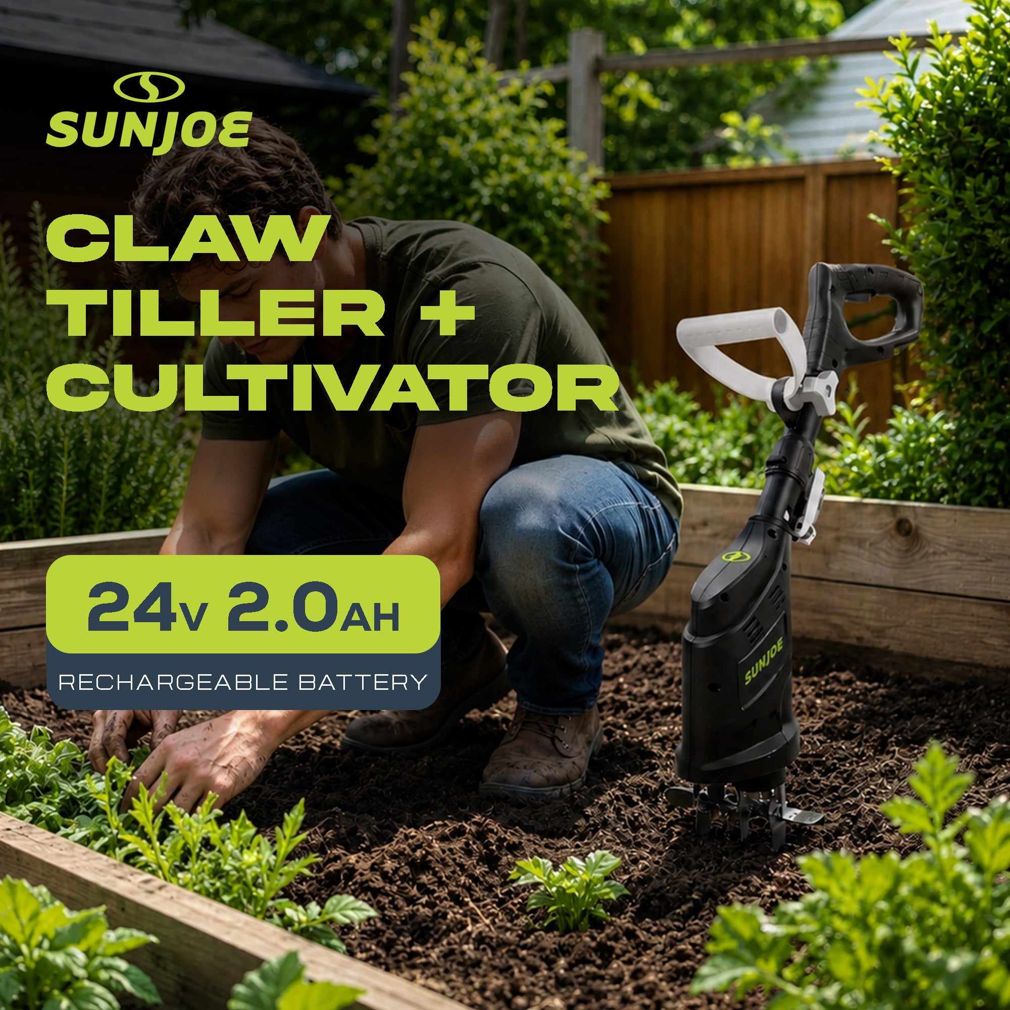 Sun Joe 24V Claw Tiller and Cultivator for Small Scale Gardening, 24V-CTLR-LTE