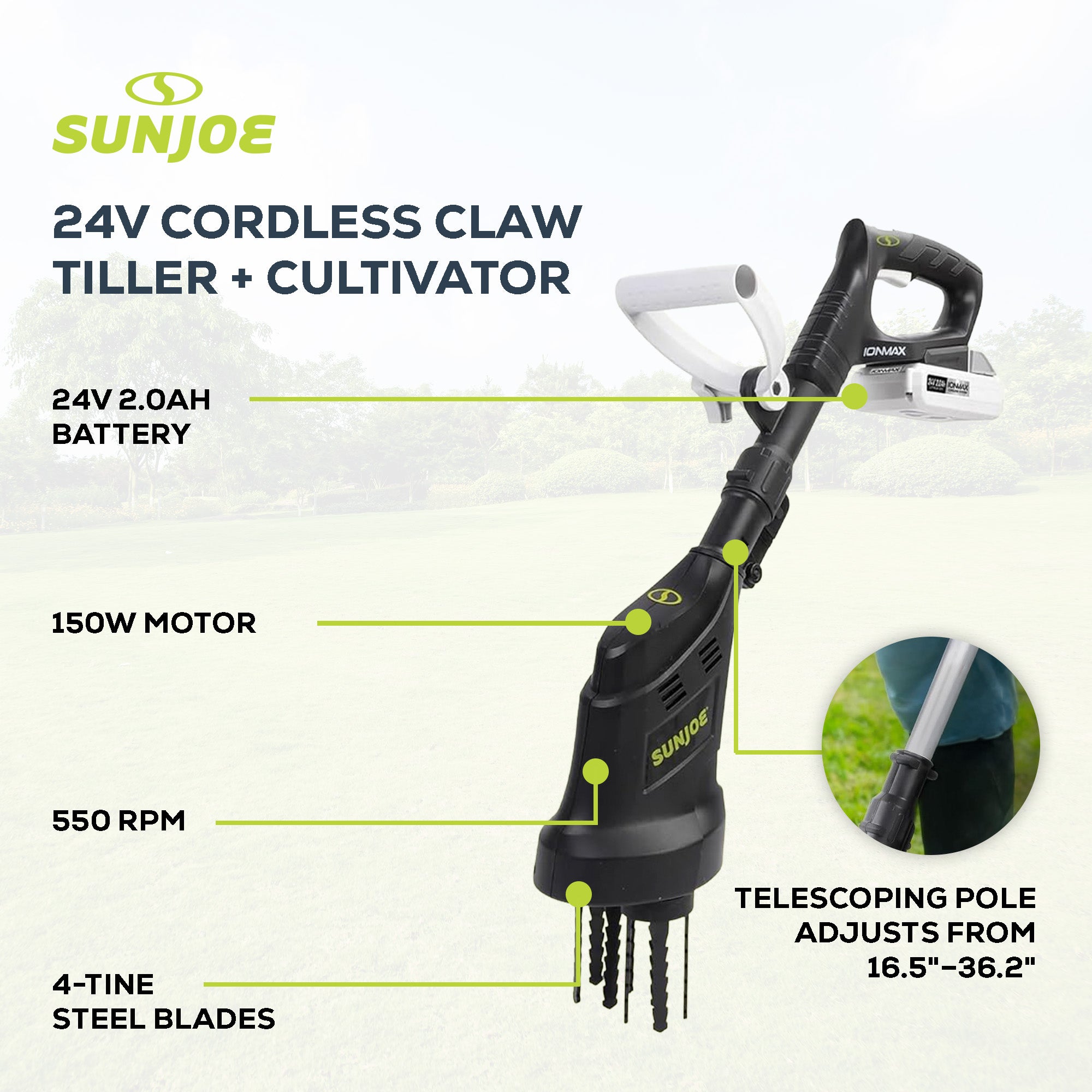 Sun Joe 24V Claw Tiller and Cultivator for Small Scale Gardening, 24V-CTLR-LTE