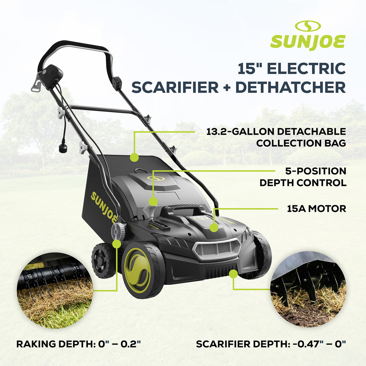 Sun Joe 15" Corded Electric Dethatcher Scarifier w/ 13.2 Gal Bag, 15 Amp, AJ808E