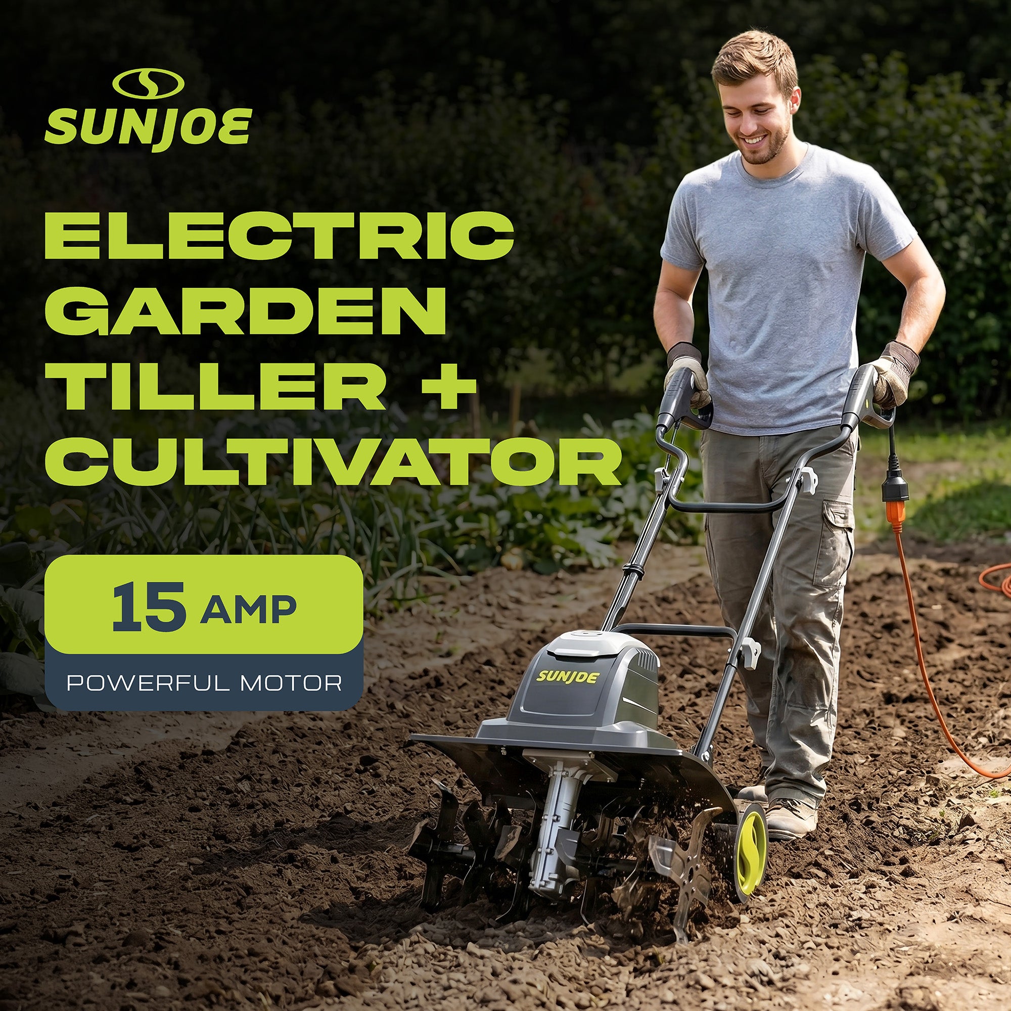 Sun Joe Electric Garden Tiller Cultivator, Steel Tines, 15 Amp, 15.7", TJ605E