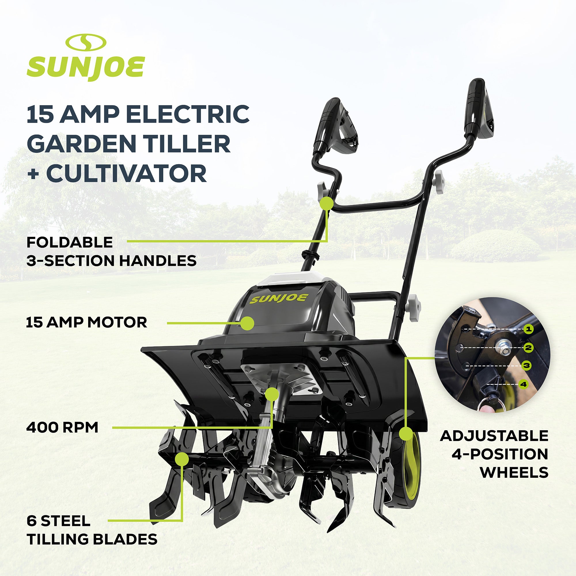Sun Joe Electric Garden Tiller Cultivator, Steel Tines, 15 Amp, 15.7", TJ605E