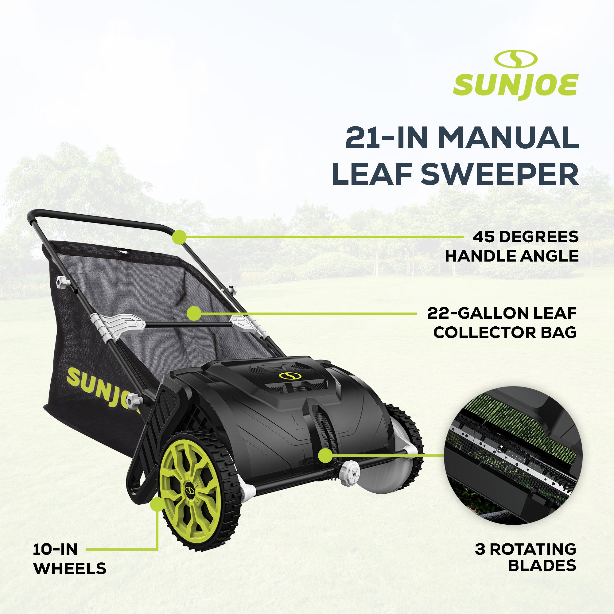 Sun Joe Manual Leaf Sweeper, Lightweight 21" Yard Lawn Tool with Collection Bag