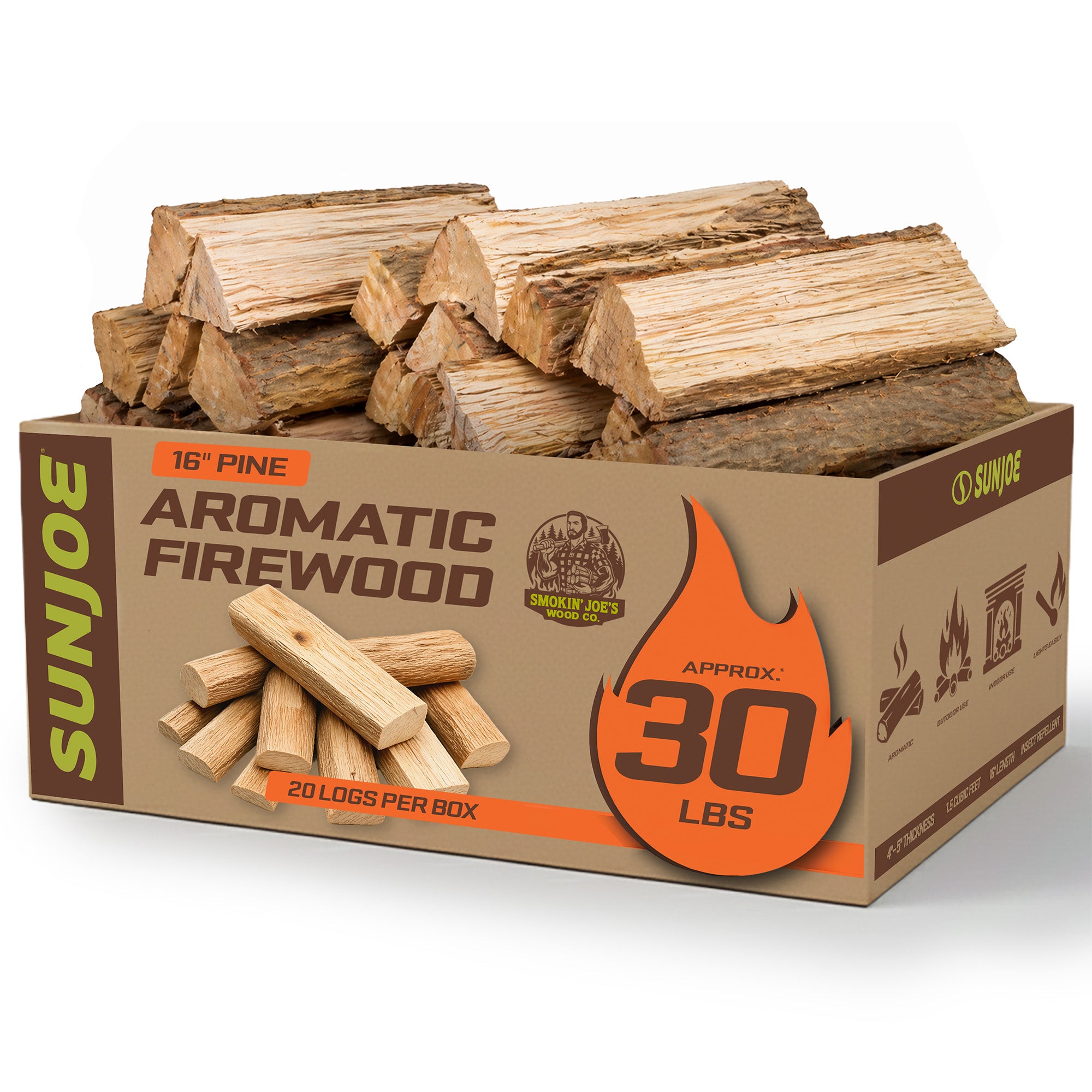 Sun Joe 16" Pine Aromatic Firewood, Natural Kiln-Dried for Fireplaces, 20 Logs - VMInnovations