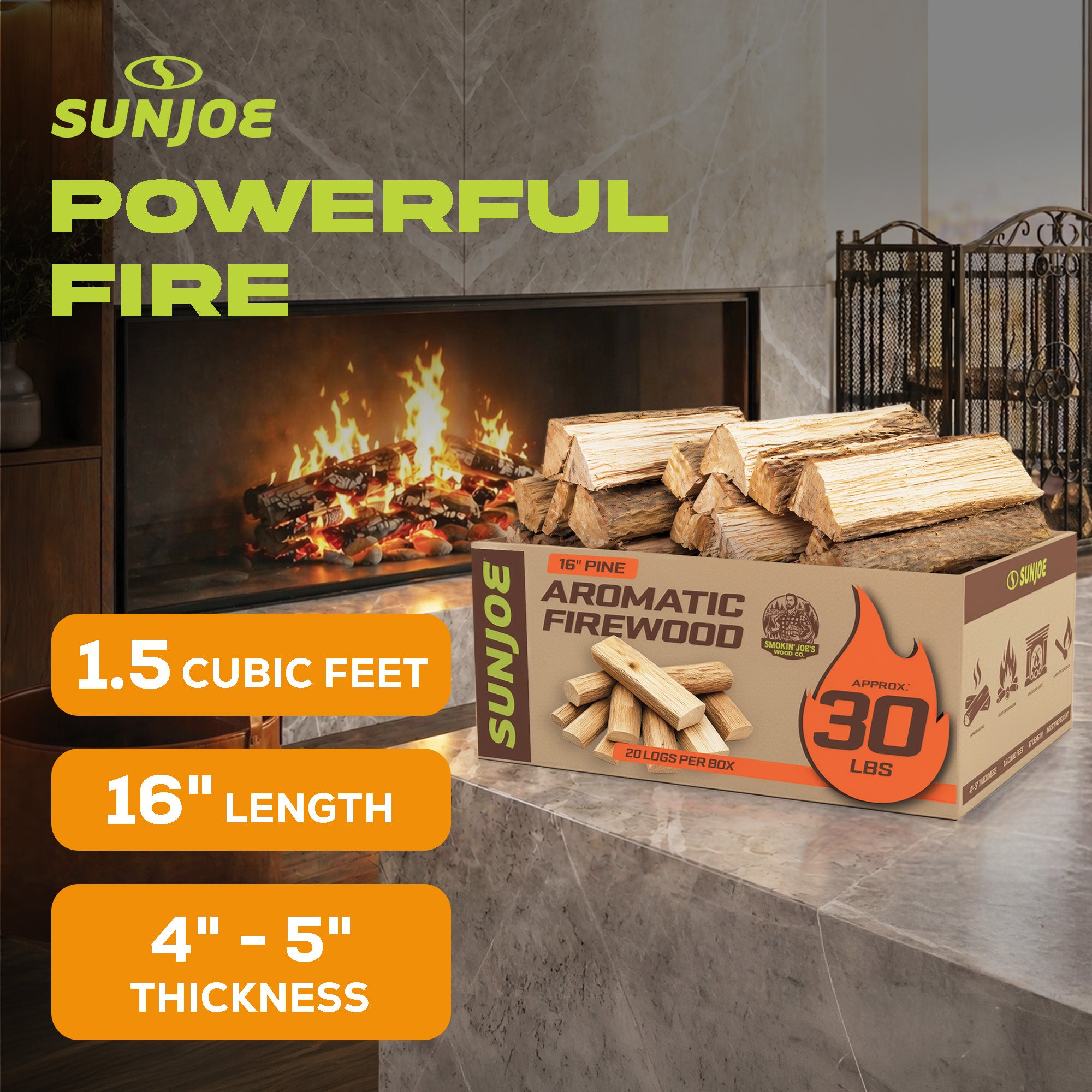 Sun Joe 16" Pine Aromatic Firewood, Natural Kiln-Dried for Fireplaces, 20 Logs - VMInnovations