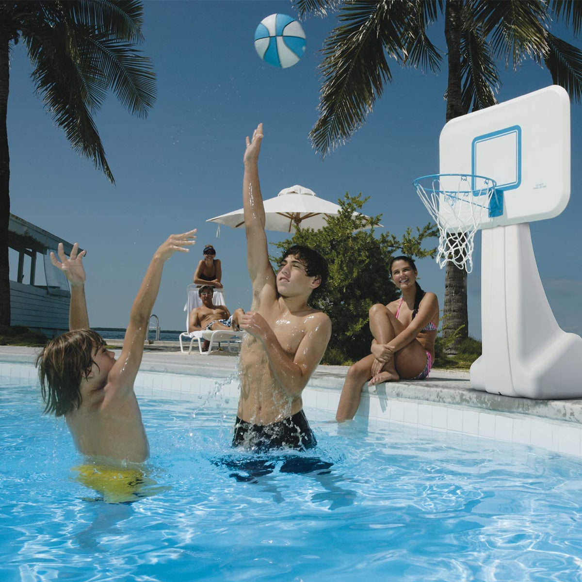 Dunn-Rite Pool Sport Basketball Hoop with AquaVolly Volleyball Set, 24 Foot Net