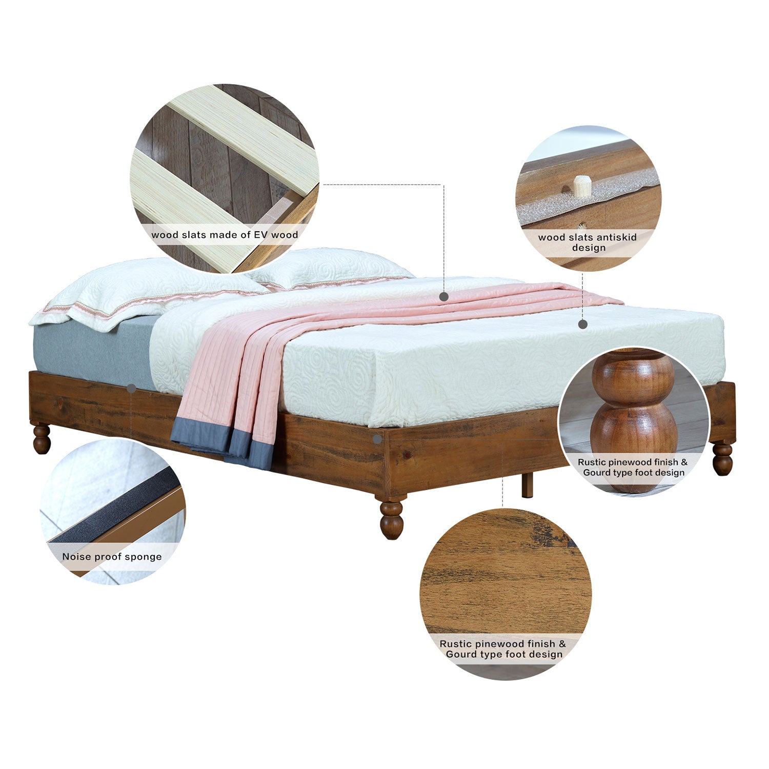 MUSEHOMEINC 12 Inch Solid Pine Wood Platform Bed Frame with Wooden Slats (Used) - VMInnovations