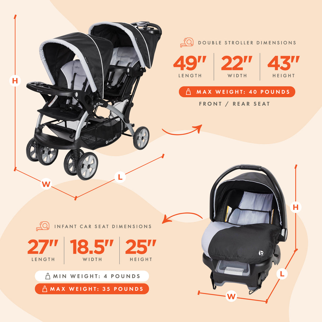 Baby Trend Sit N Stand Baby Double Stroller and 2 Infant Car Seat Combo, Stormy - VMInnovations