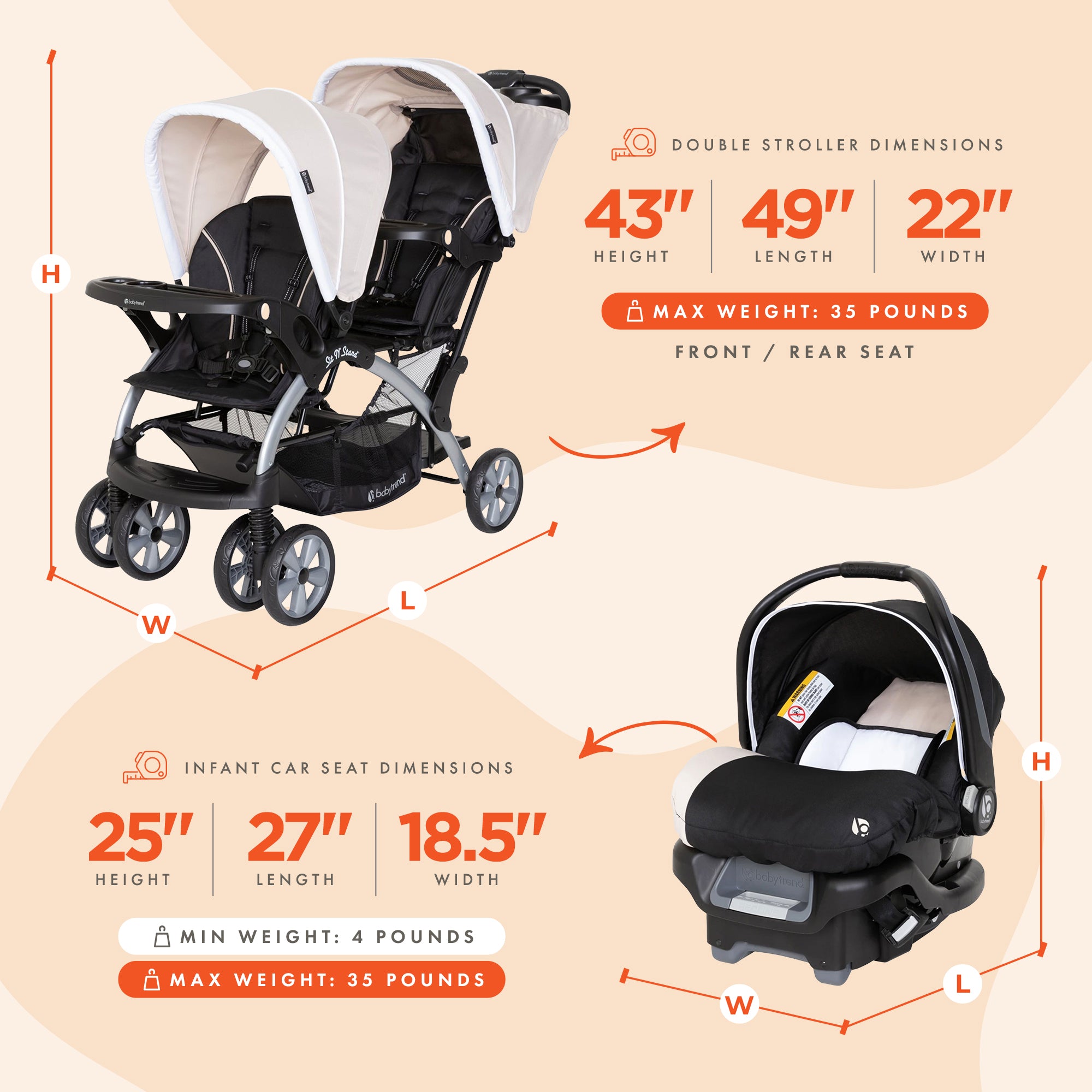 Baby Trend Sit N Stand Baby Double Stroller and 2 Infant Car Seat Combo, Khaki - VMInnovations
