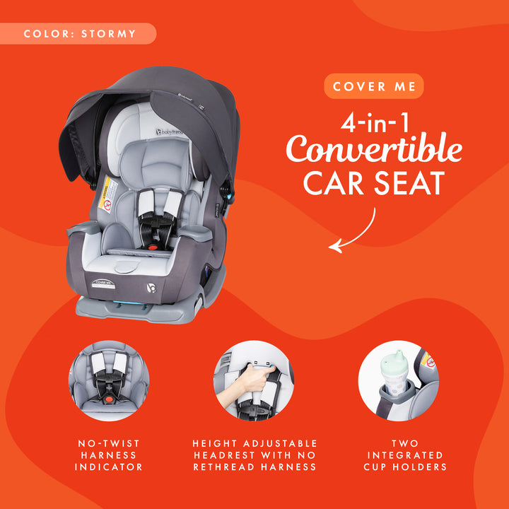 Baby Trend Cover Me 4 in 1 Convertible Car Seat with Adjustable Canopy, Stormy - VMInnovations