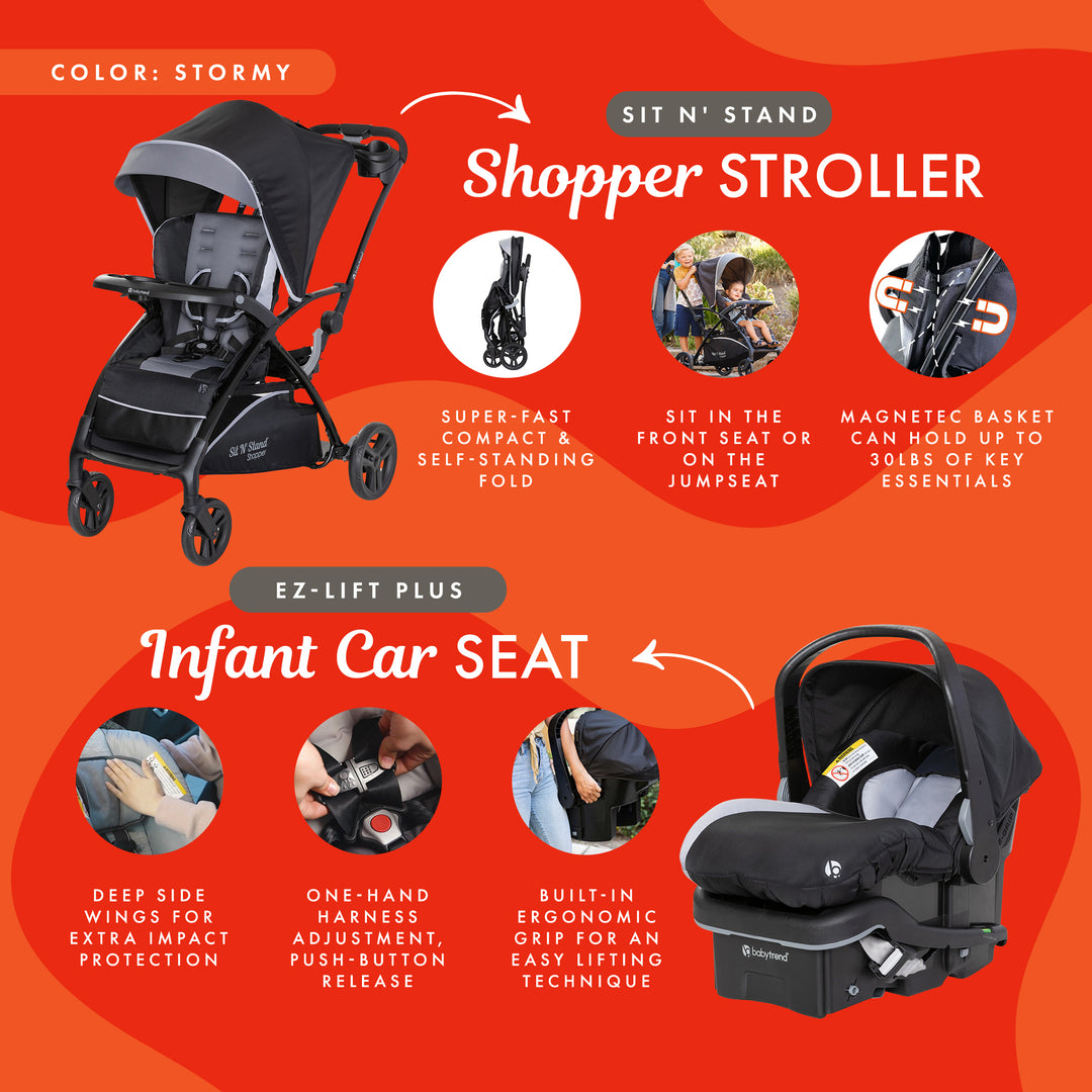 Baby Trend Sit N' Stand Stroller w/Canopy & EZ-Lift Plus Infant Car Seat, Stormy - VMInnovations