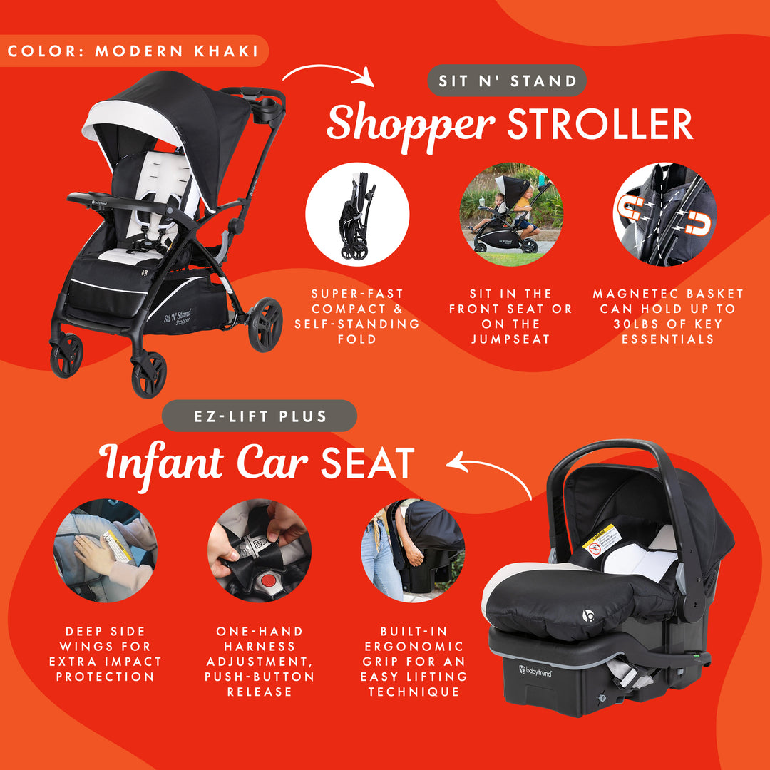 Baby Trend Sit N' Stand Stroller & EZ-Lift Plus Infant Car Seat, Modern Khaki - VMInnovations