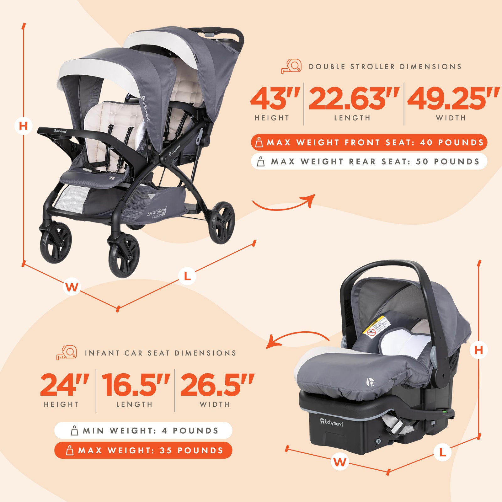 Baby Trend Sit N' Stand Double Stroller with EZ-Lift Car Seat (2 Pack), Magnolia - VMInnovations