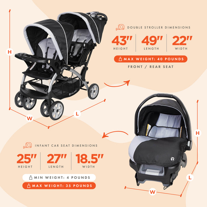 Baby Trend Sit N Stand Travel Double Baby Stroller and Car Seat Combo, Stormy - VMInnovations